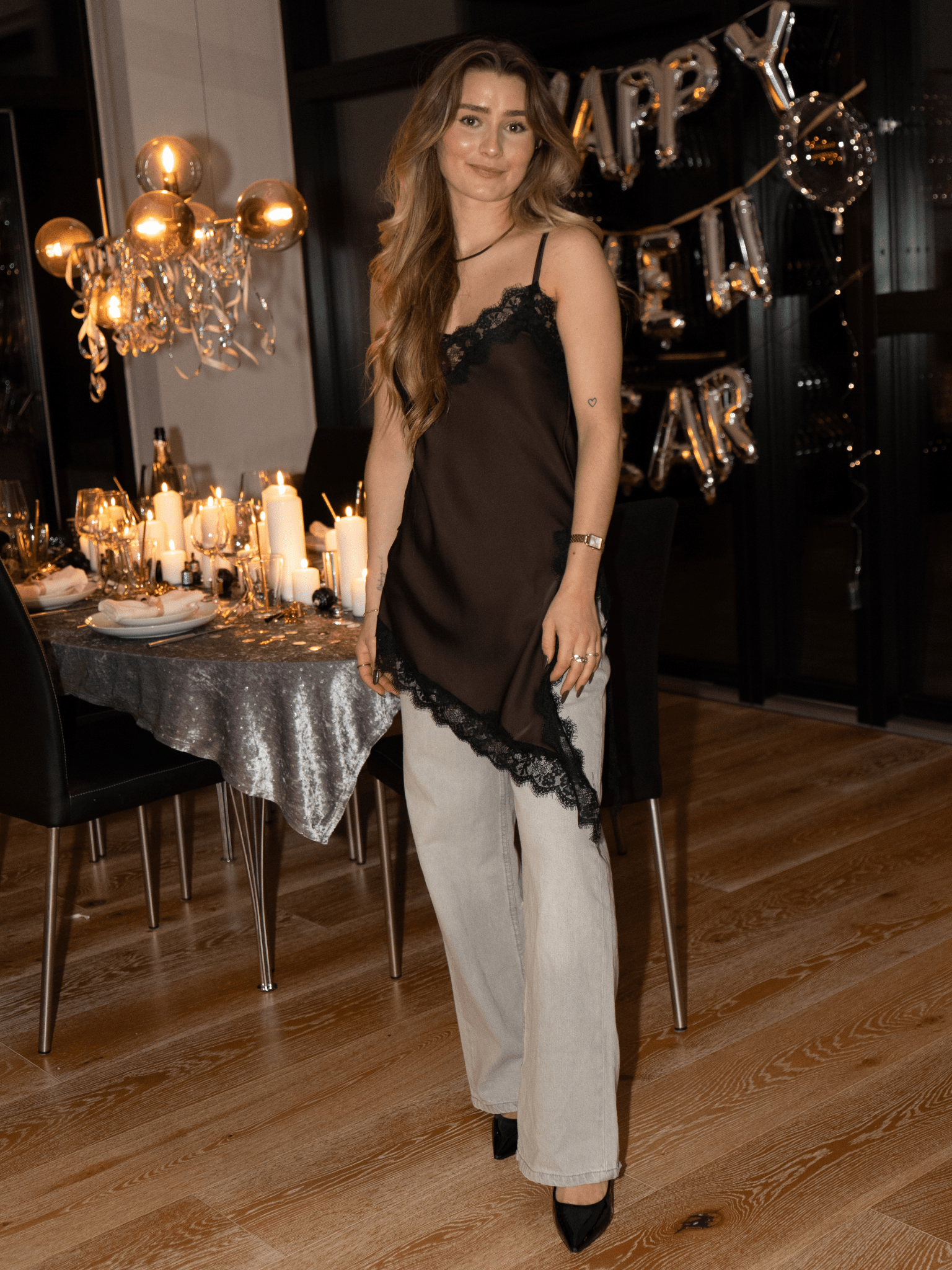 LOLA SATIN LACE TOP - BROWN/BLACK