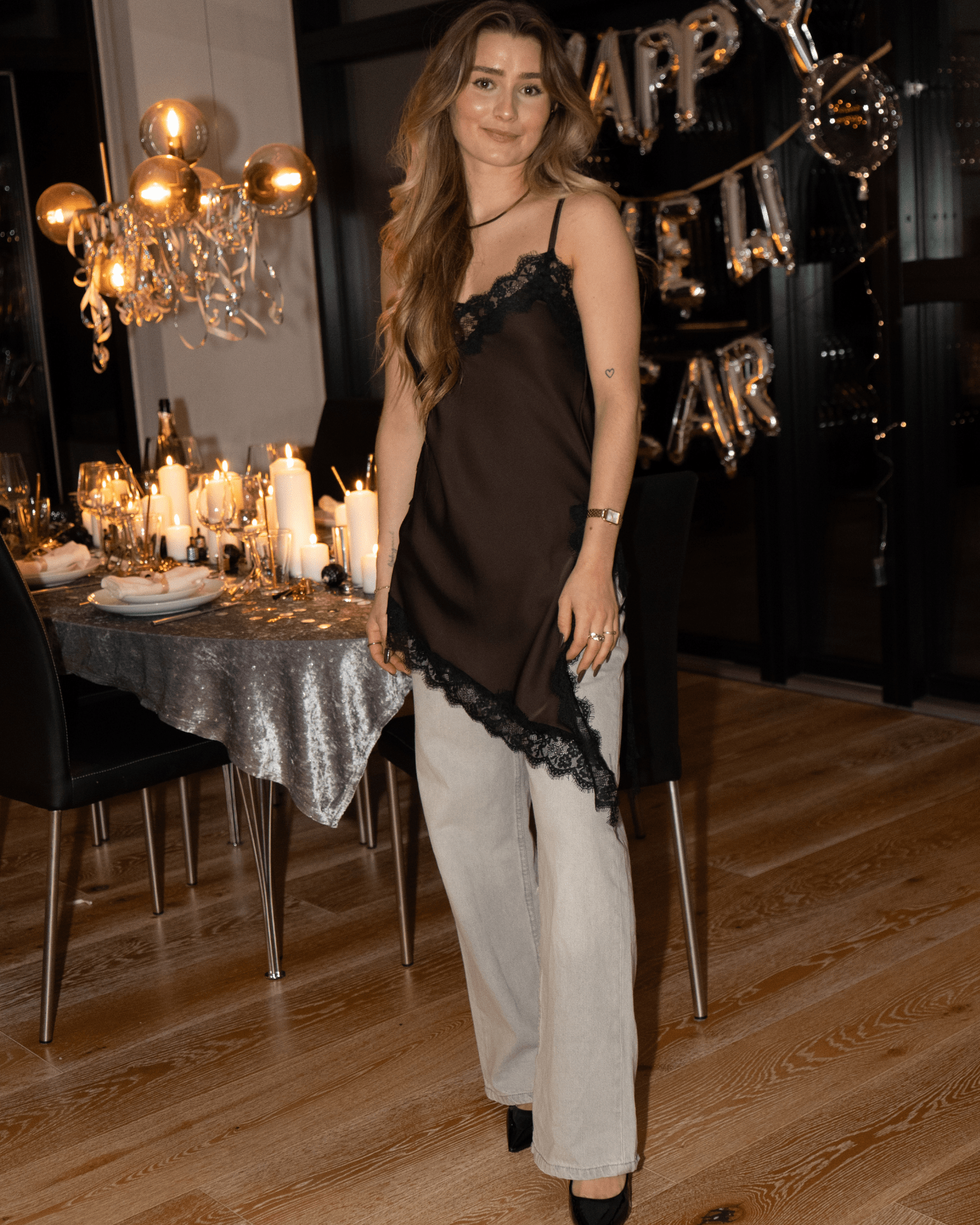 LOLA SATIN LACE TOP - BROWN/BLACK