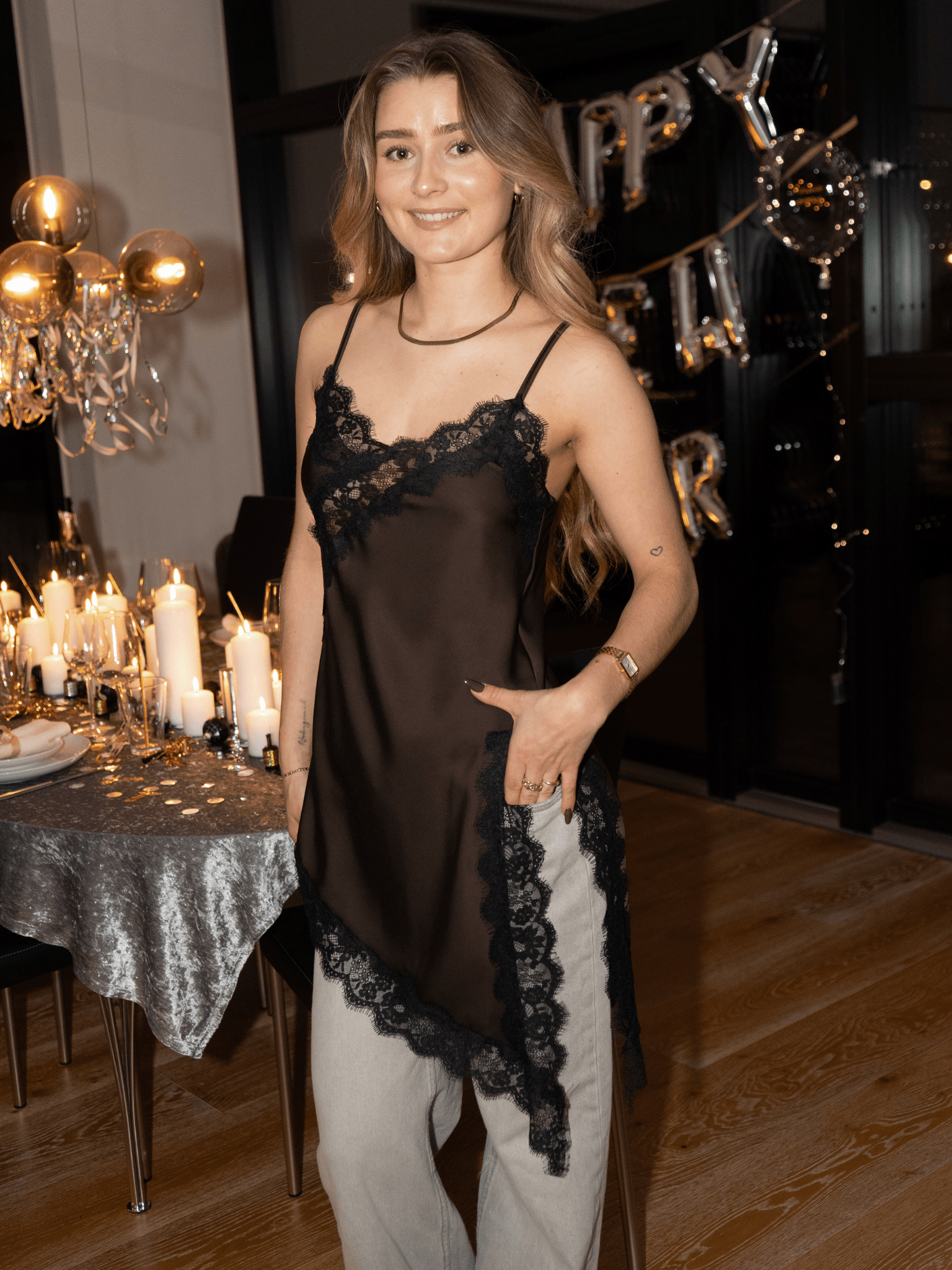 LOLA SATIN LACE TOP - BROWN/BLACK