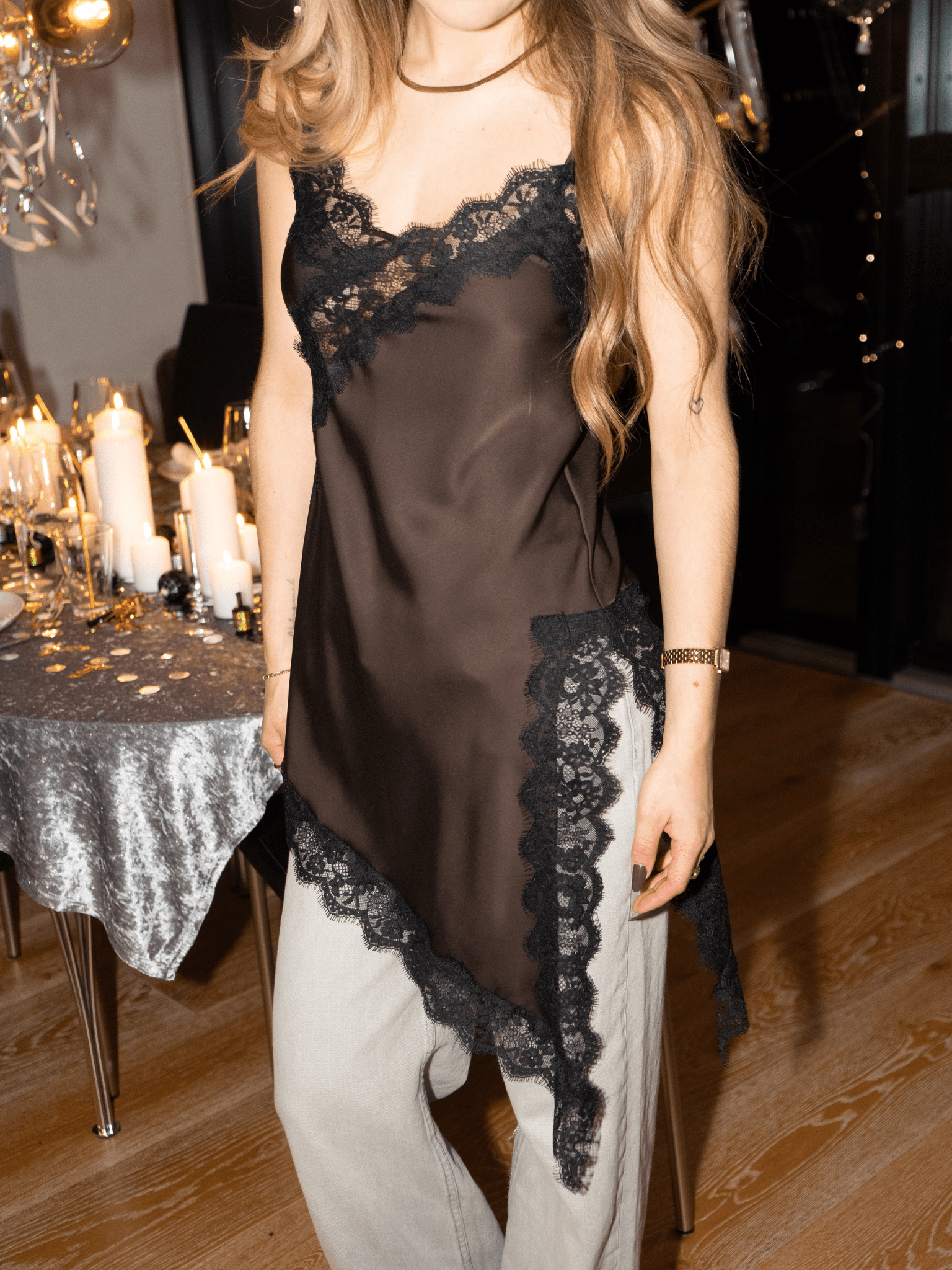 LOLA SATIN LACE TOP - BROWN/BLACK