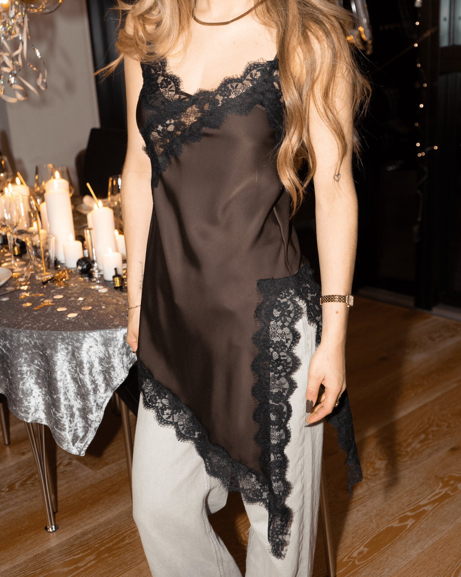 LOLA SATIN LACE TOP - BROWN/BLACK