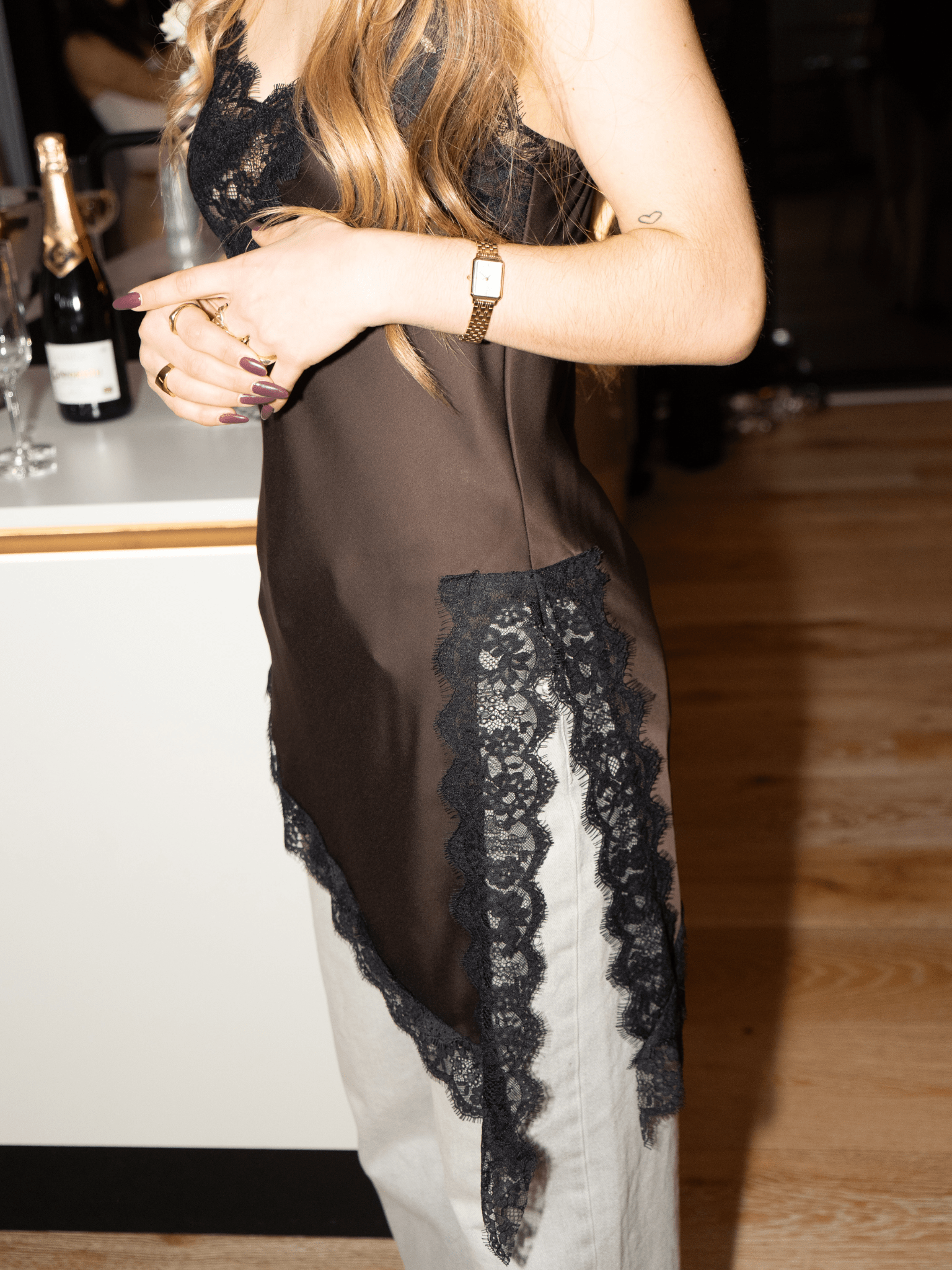 LOLA SATIN LACE TOP - BROWN/BLACK
