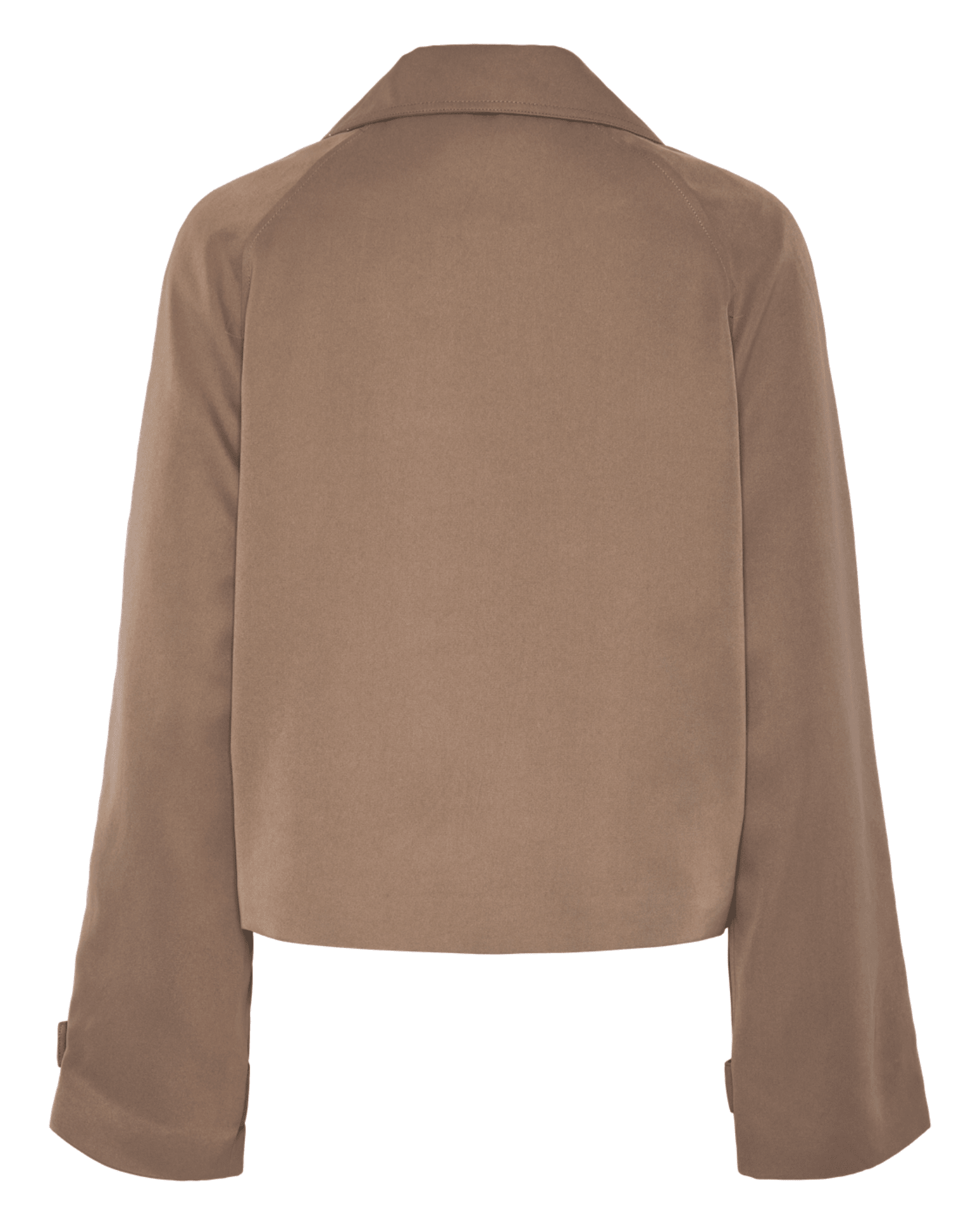 Bagsiden af en kort, brun Scarlett trenchcoat fra PIECES med lange ærmer og krave.