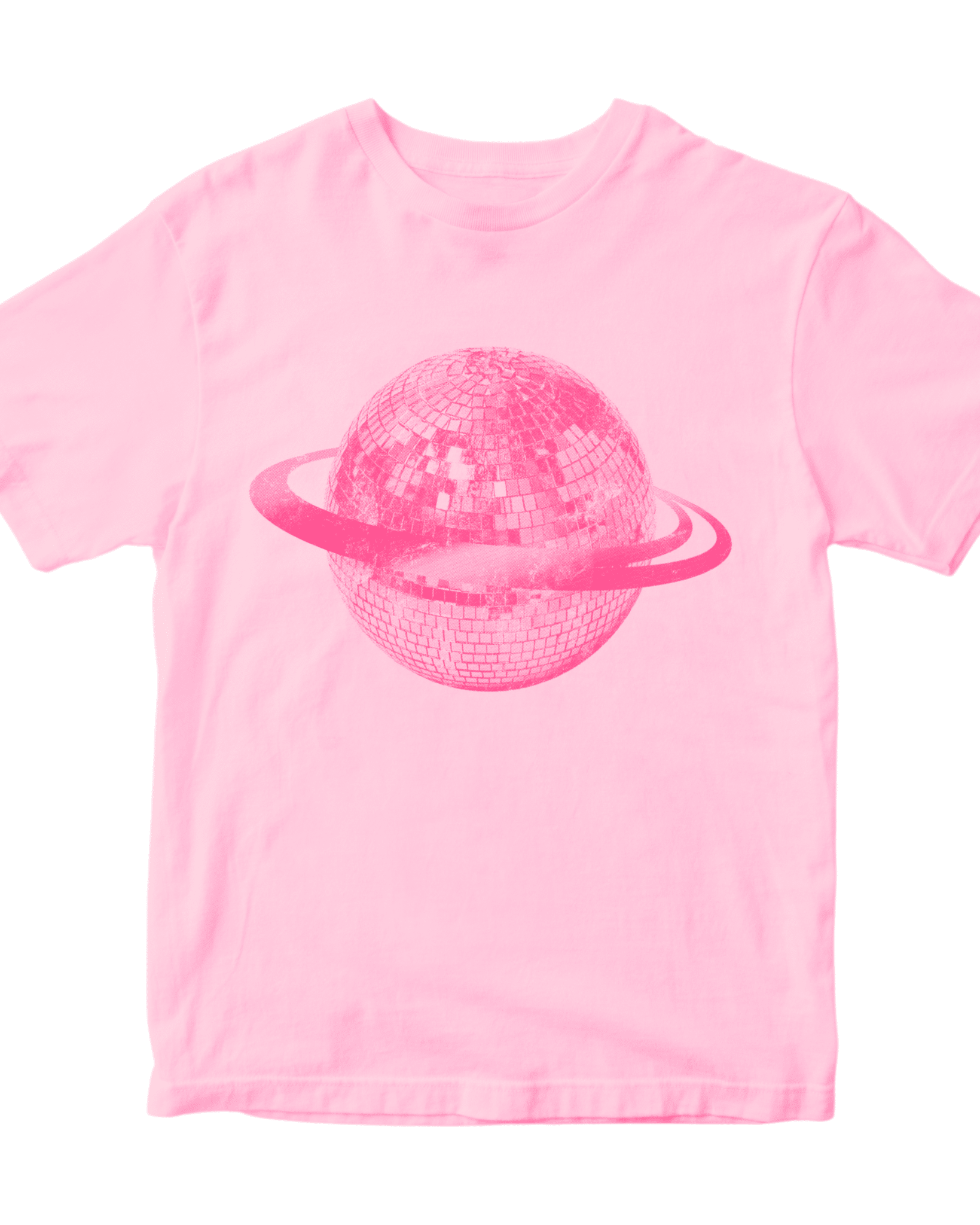 Lyserød Planet Disco baby tee i bomuld med mørkerødt diskokugle-print på brystet.
