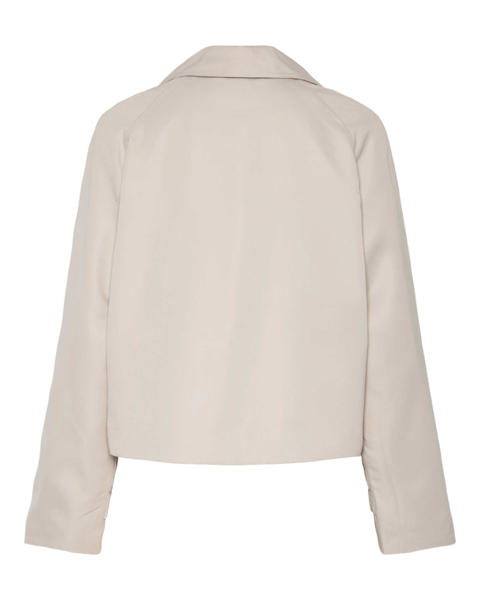 Bagsiden af en kort, lysegrå Scarlett trenchcoat fra PIECES med klassisk krave