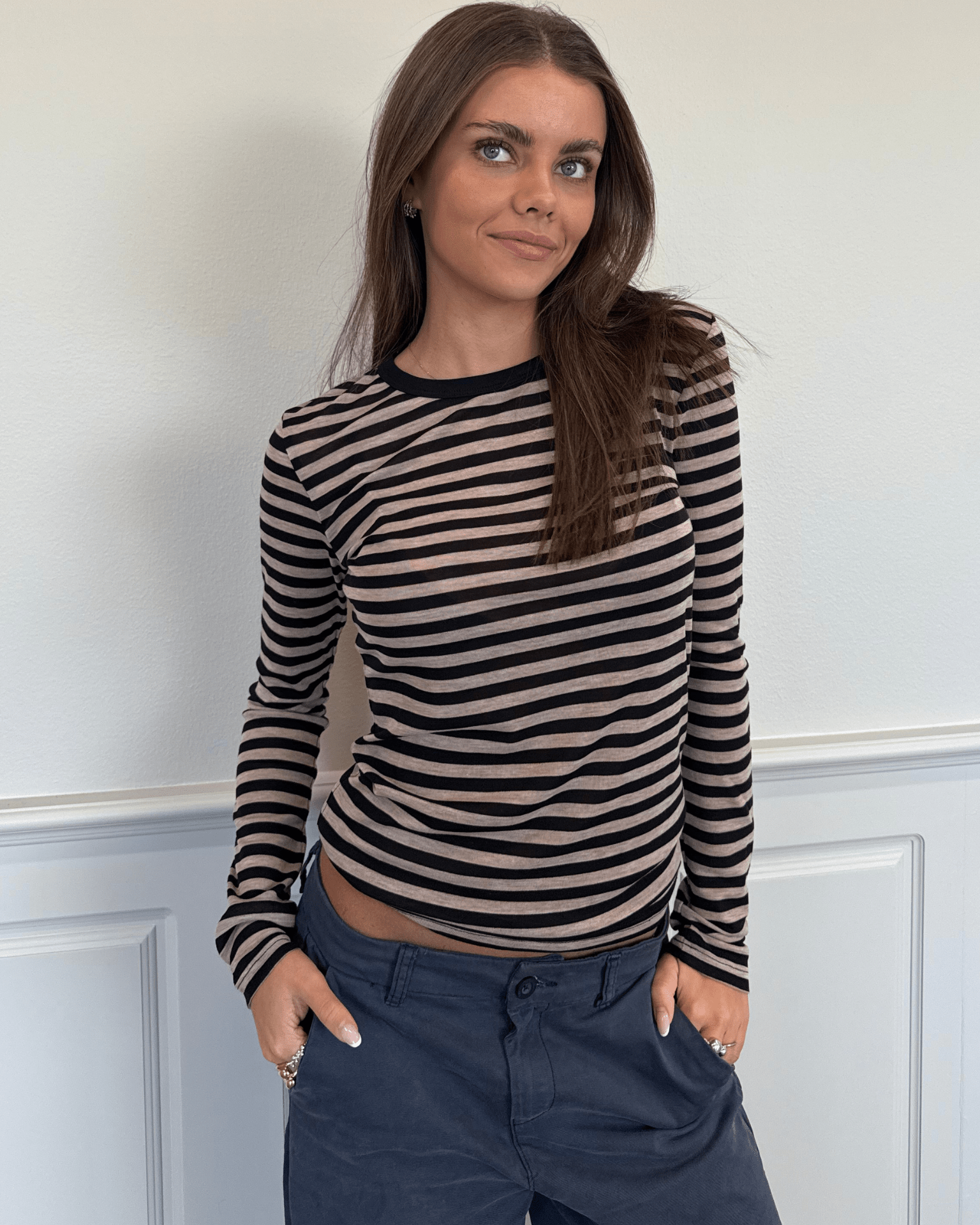 SIDSE T-SHIRT - BLACK/BROWN STRIPE