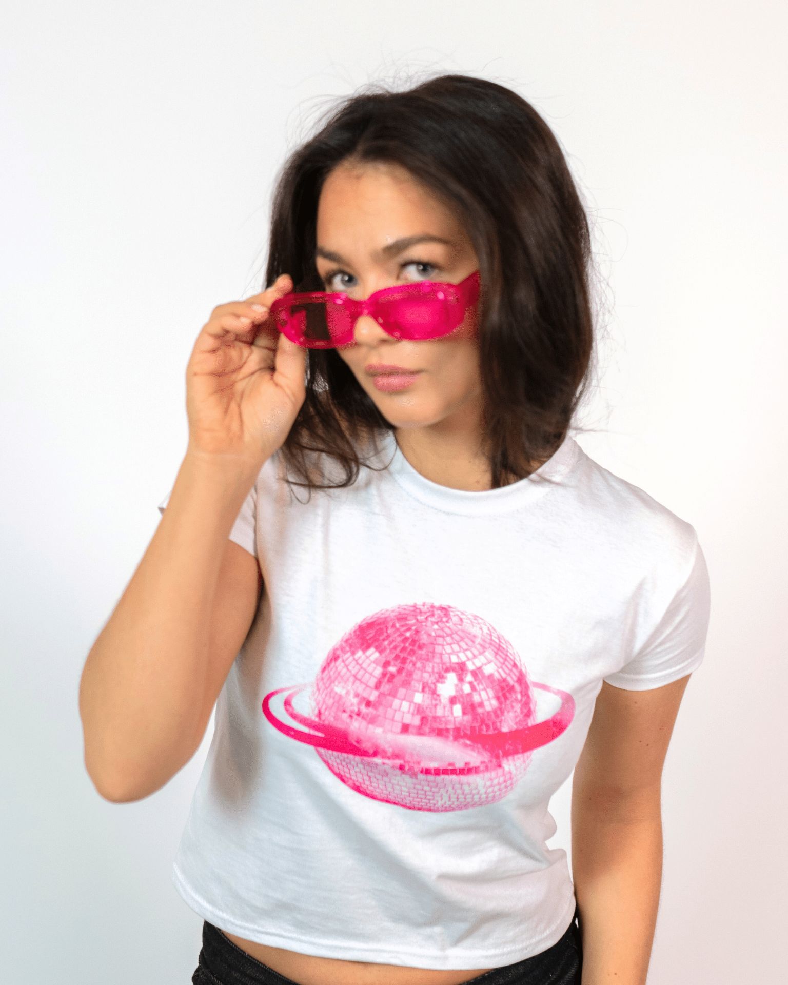 Hvid Planet Disco baby tee i bomuld med pink diskokugle-print