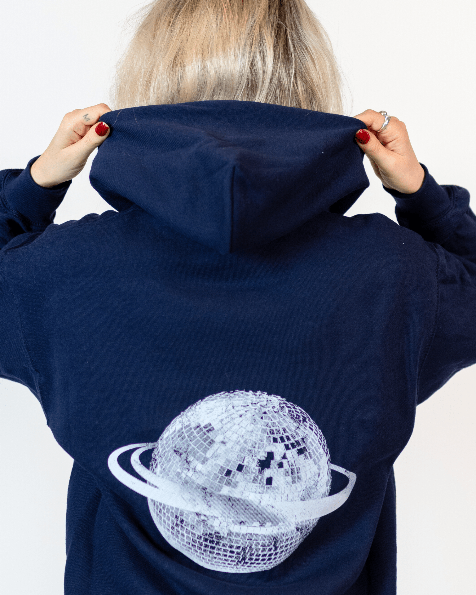 PLANET DISCO (white) HOODIE (back print) - NAVY