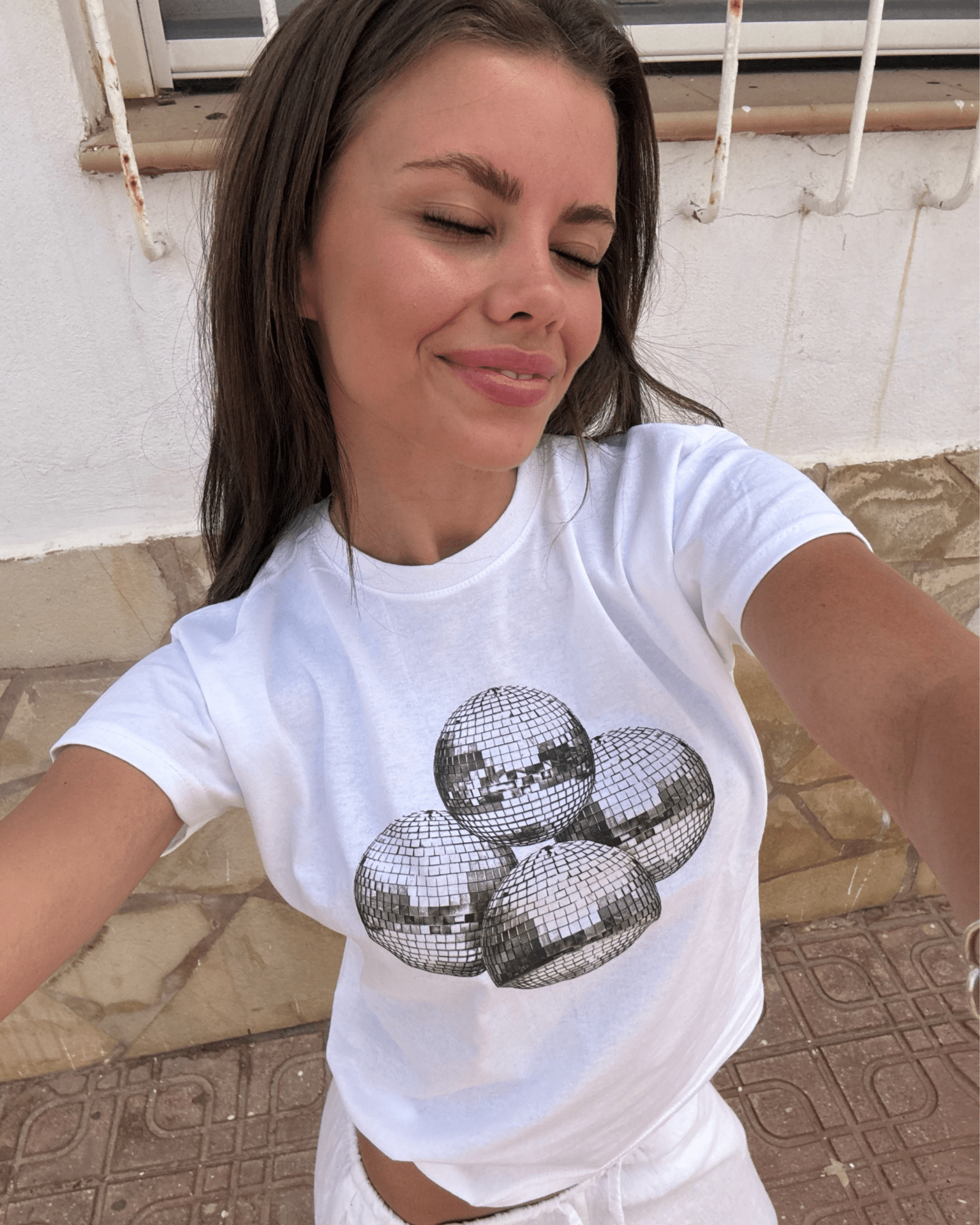 DISCO BALL (black), BABY TEE - WHITE