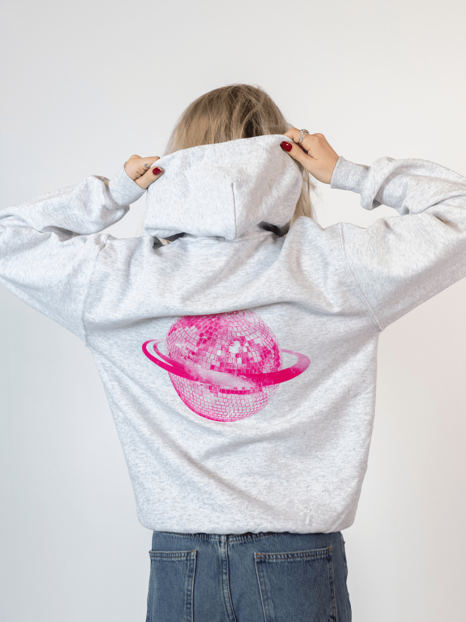 PLANET DISCO (pink) HOODIE (back print) - GREY