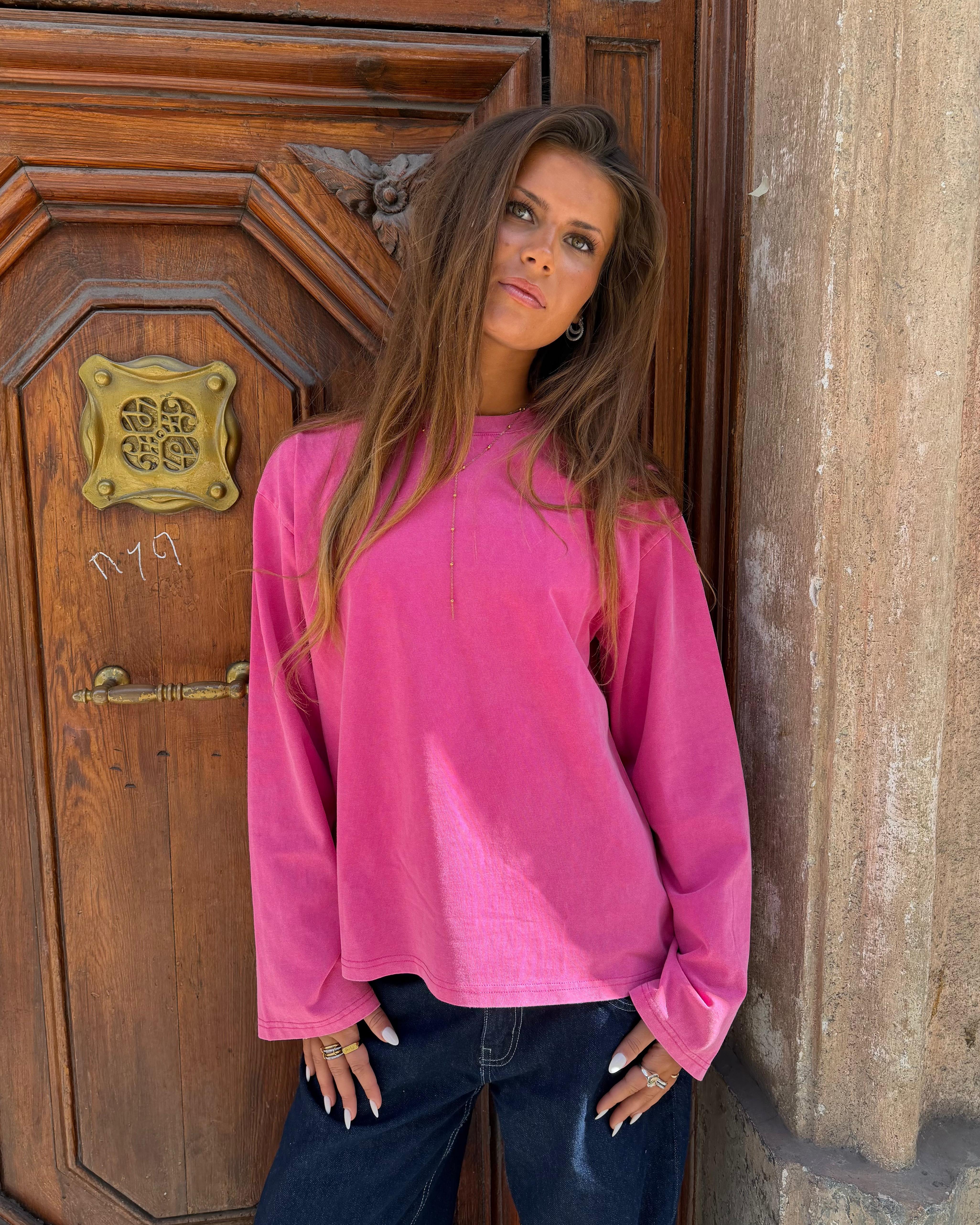 Oversize pink langærmet Mynte washed tee i bomuld fra Din Vintage Shop