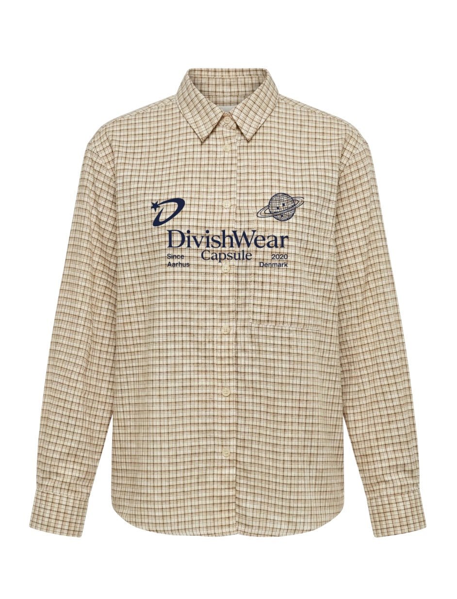 KAROLINE BOXFIT SHIRT - SAND/BROWN CHECK - Dinvintageshop