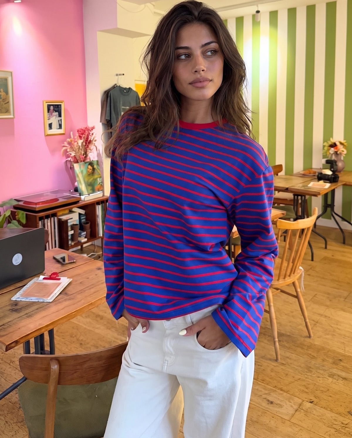DINA STRIPE TEE (back print) - ROYAL BLUE/RED