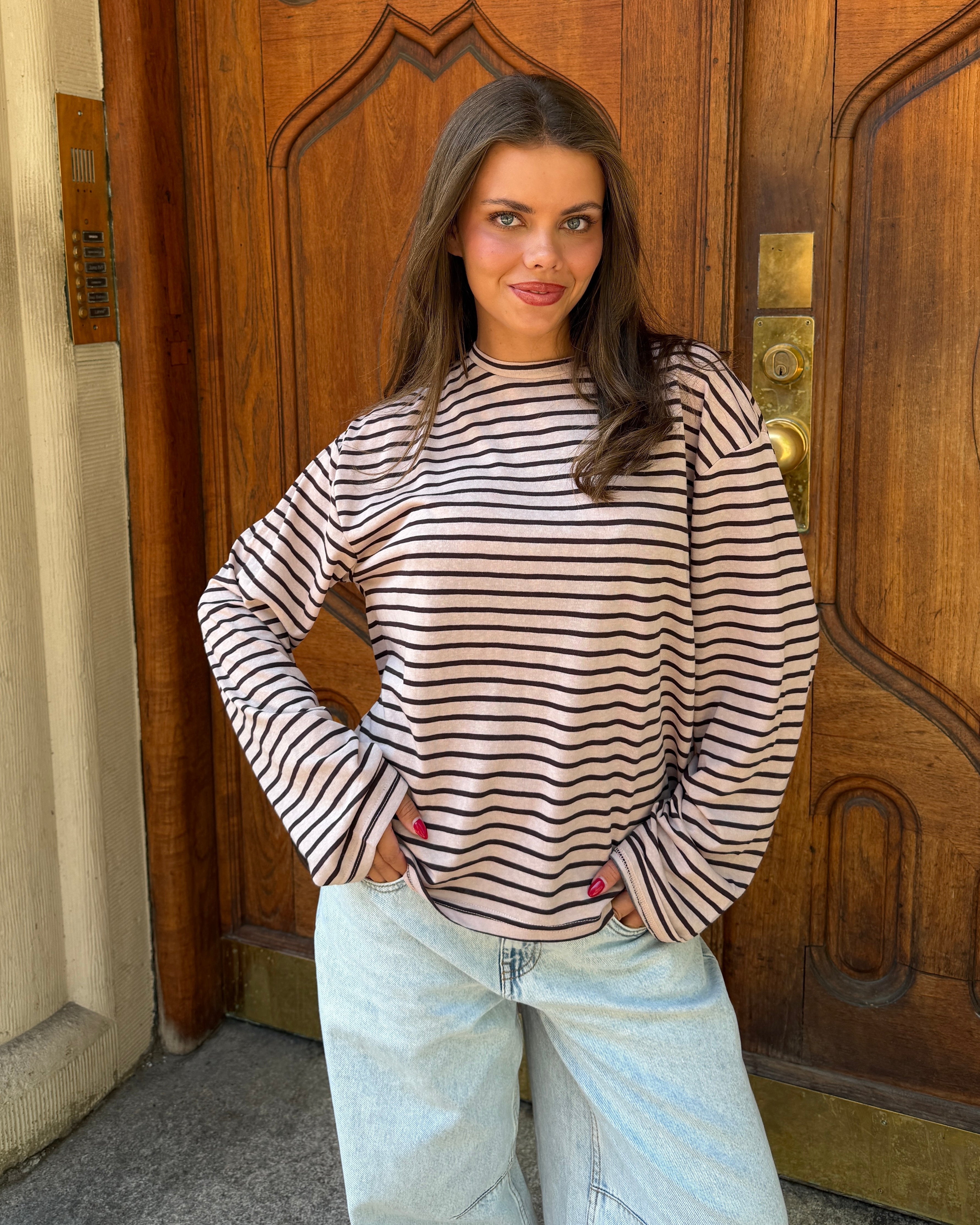MALIA STRIPE TEE - BLUSH PINK/BROWN