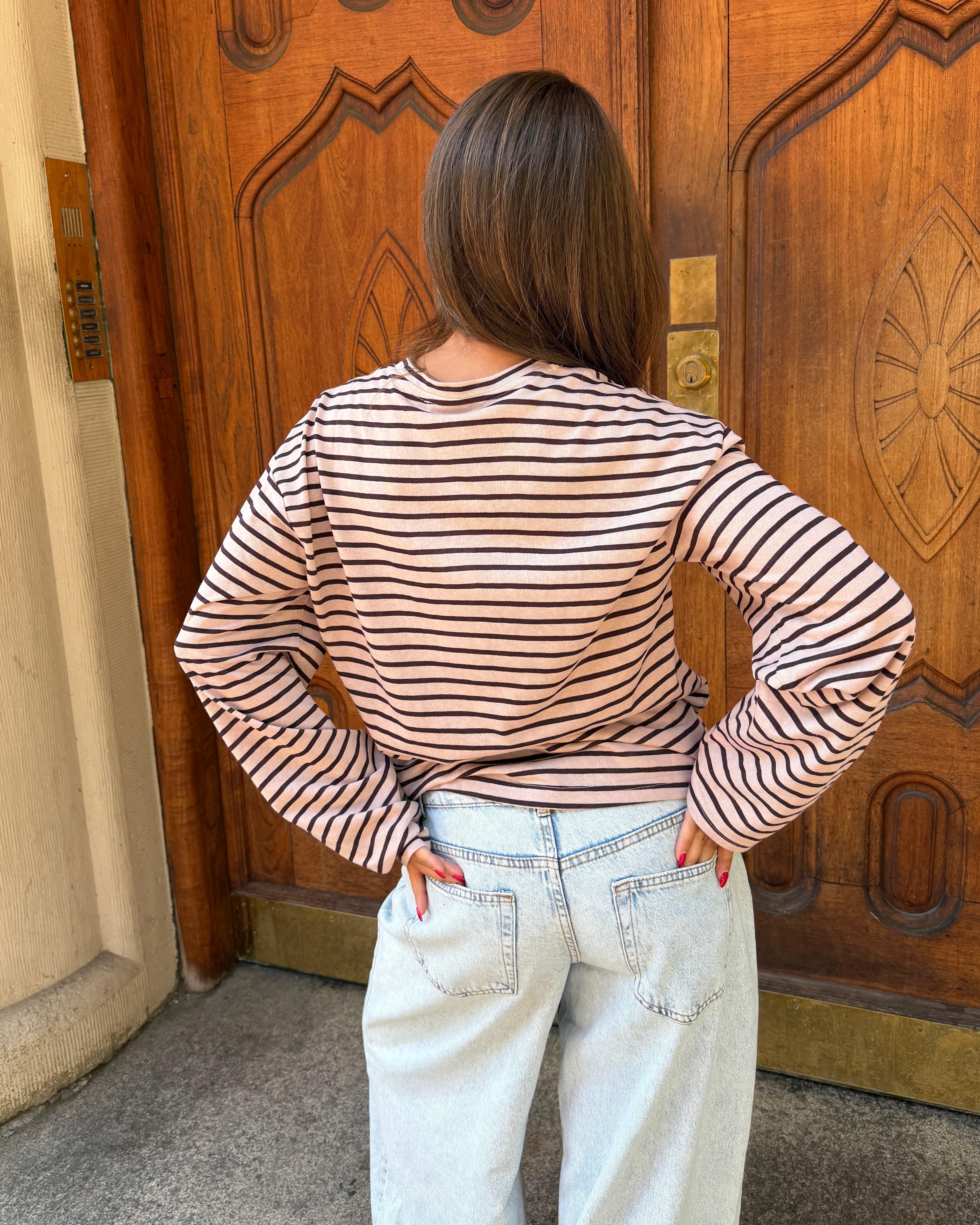 MALIA STRIPE TEE - BLUSH PINK/BROWN