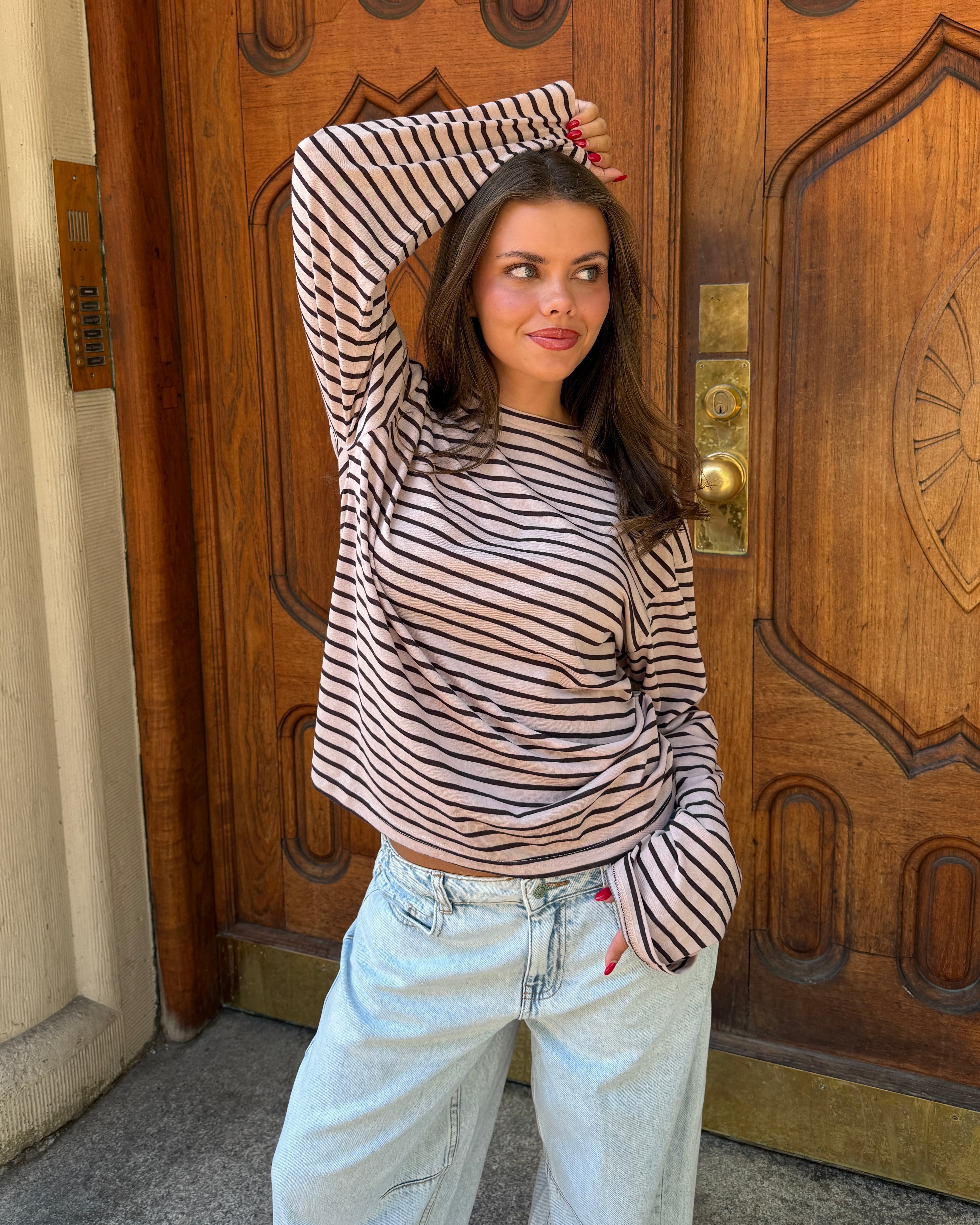 MALIA STRIPE TEE - BLUSH PINK/BROWN