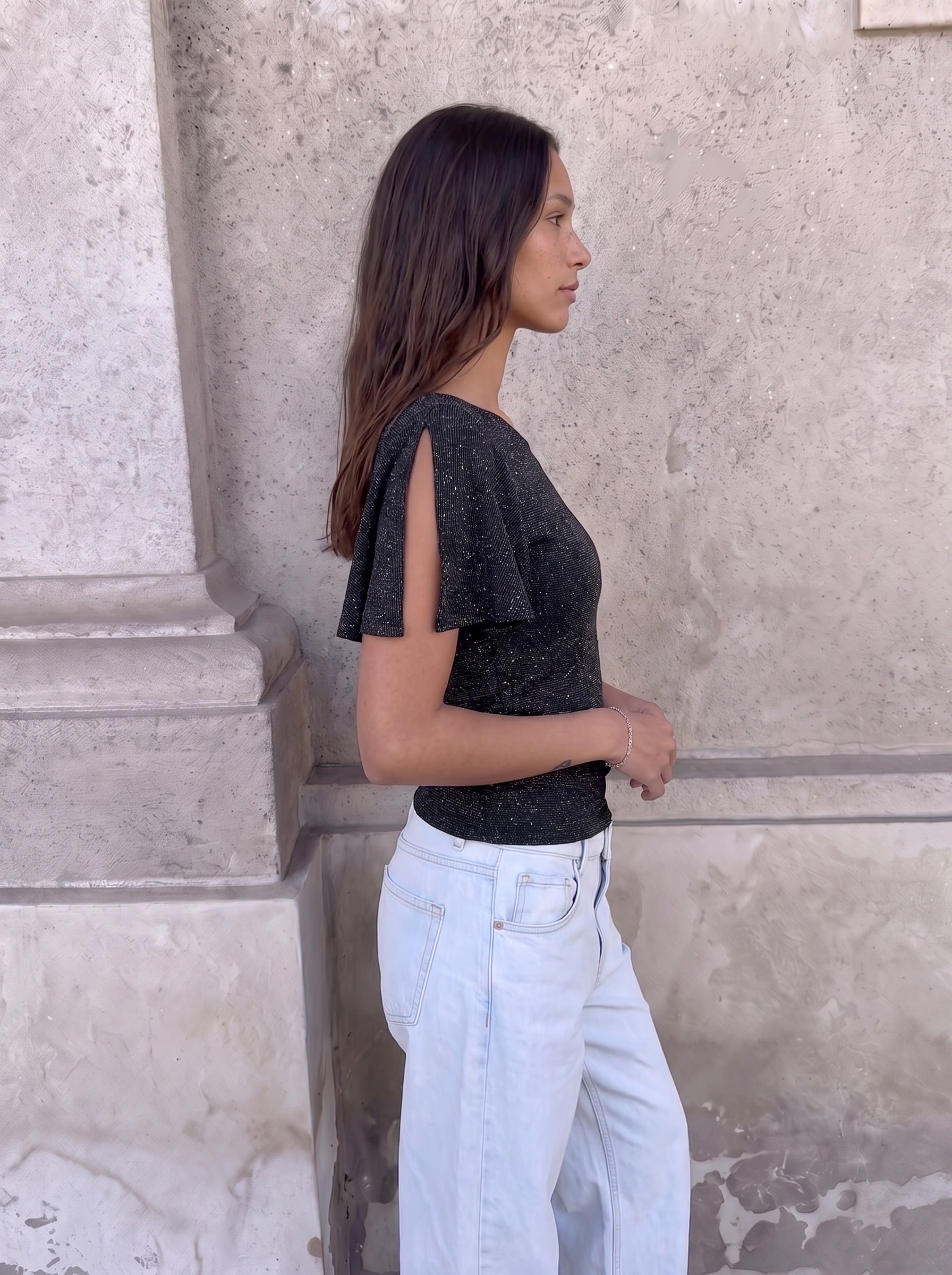 MATHILDE TOP - BLACK/SILVER - Dinvintageshop