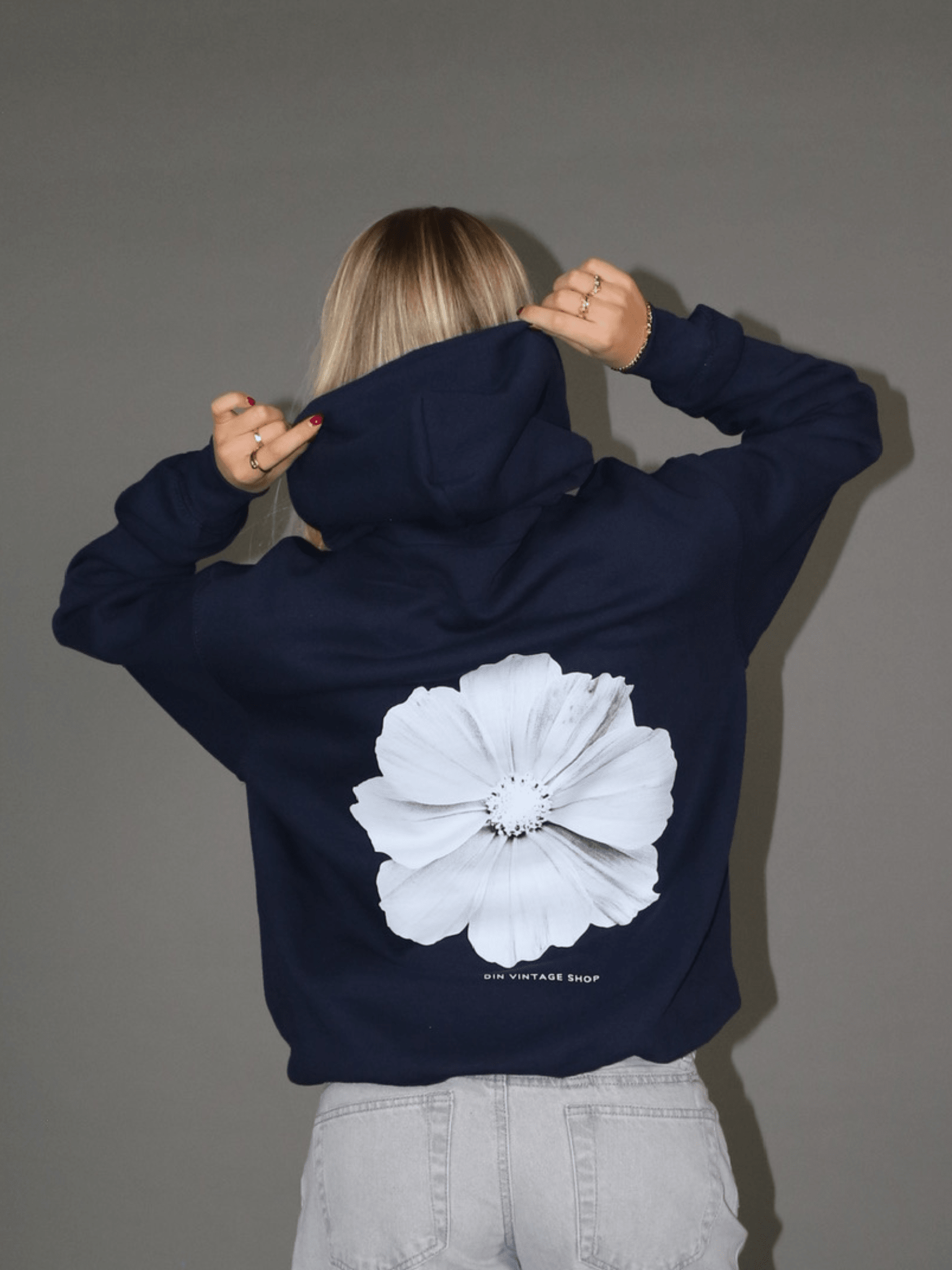 MONOCHROME FLOWER HOODIE (rygprint) - NAVY - Dinvintageshop