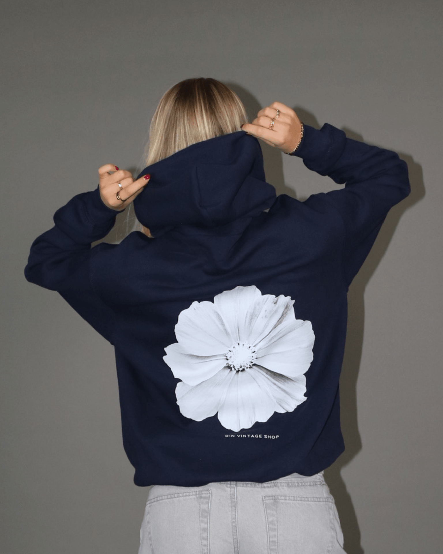MONOCHROME FLOWER HOODIE (rygprint) - NAVY - Dinvintageshop