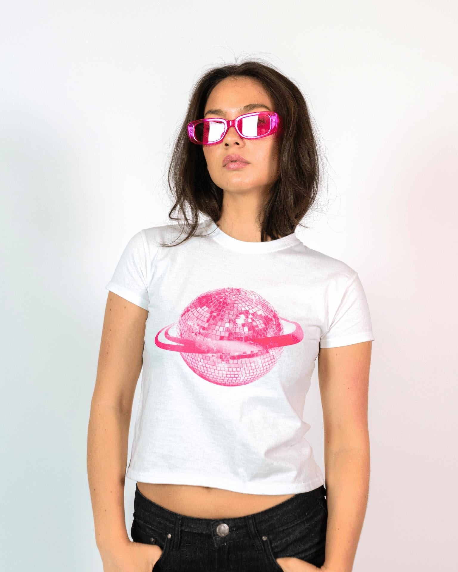 PLANET DISCO (pink), BABY TEE - WHITE