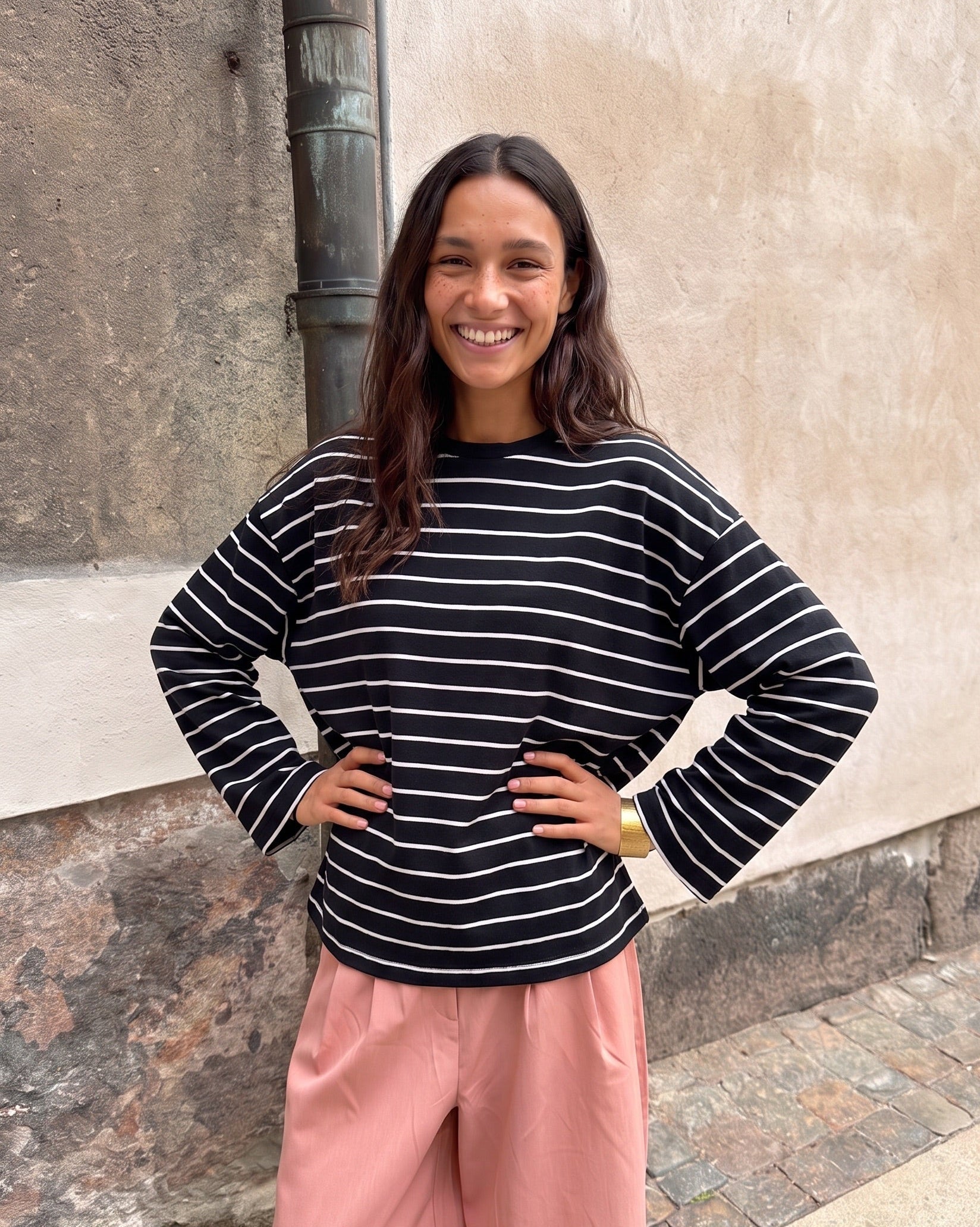 SADIE STRIPE TEE LS - BLACK/CLOUD DANCER