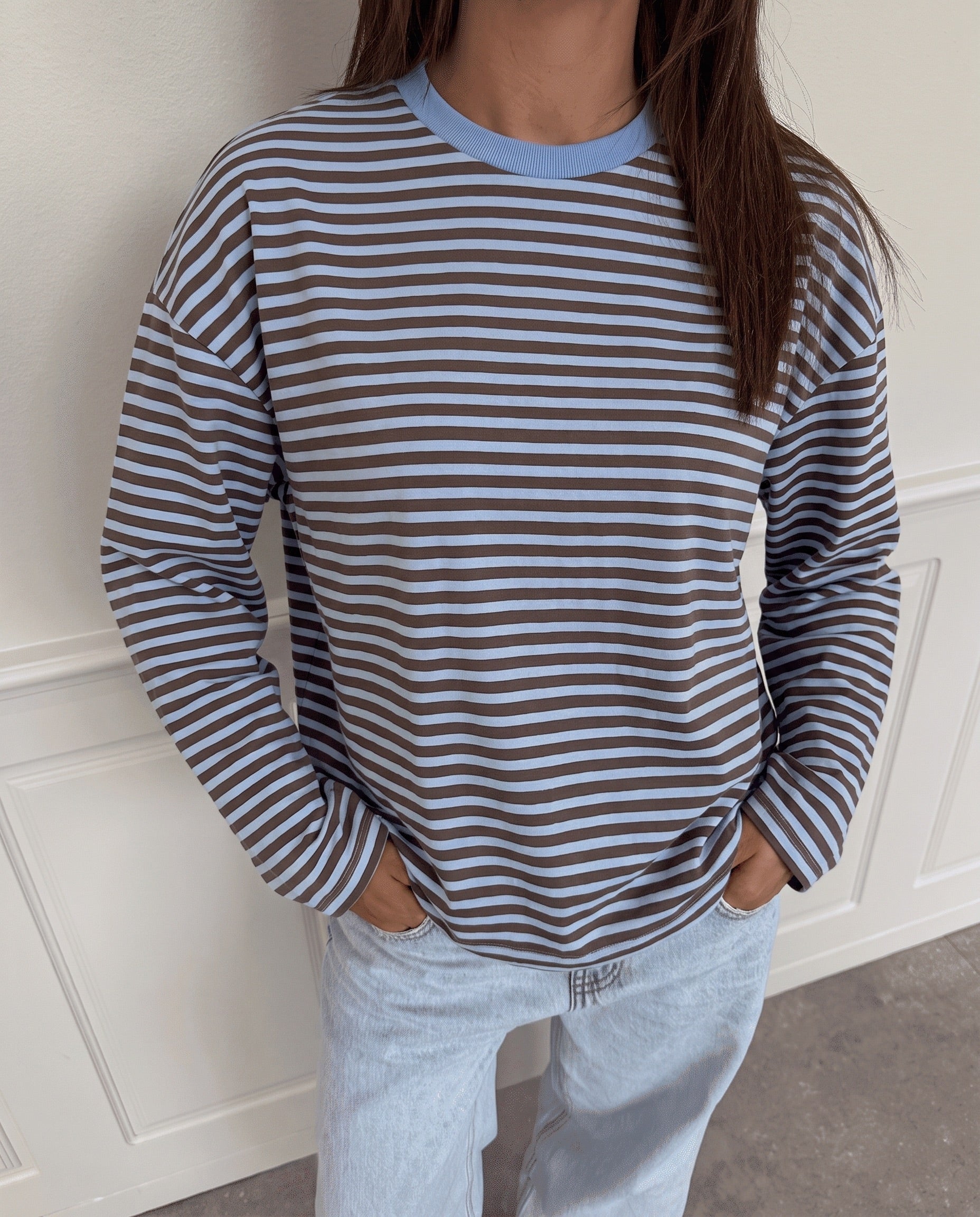 SADIE STRIPE TEE LS - CASHMERE BLUE / HOT FUDGE