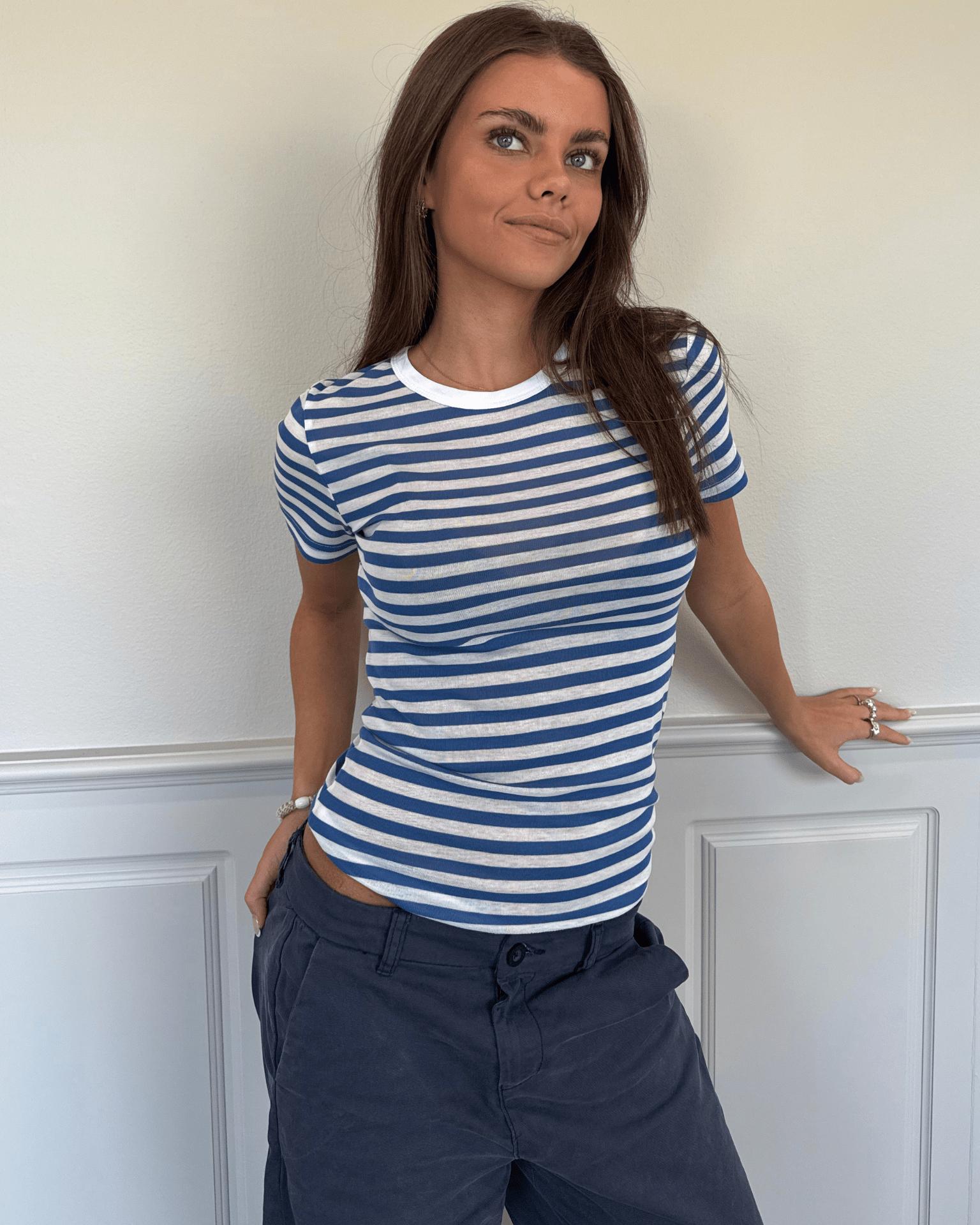 SIDSE KORTÆRMET T-SHIRT - WHITE/BLUE STRIPE