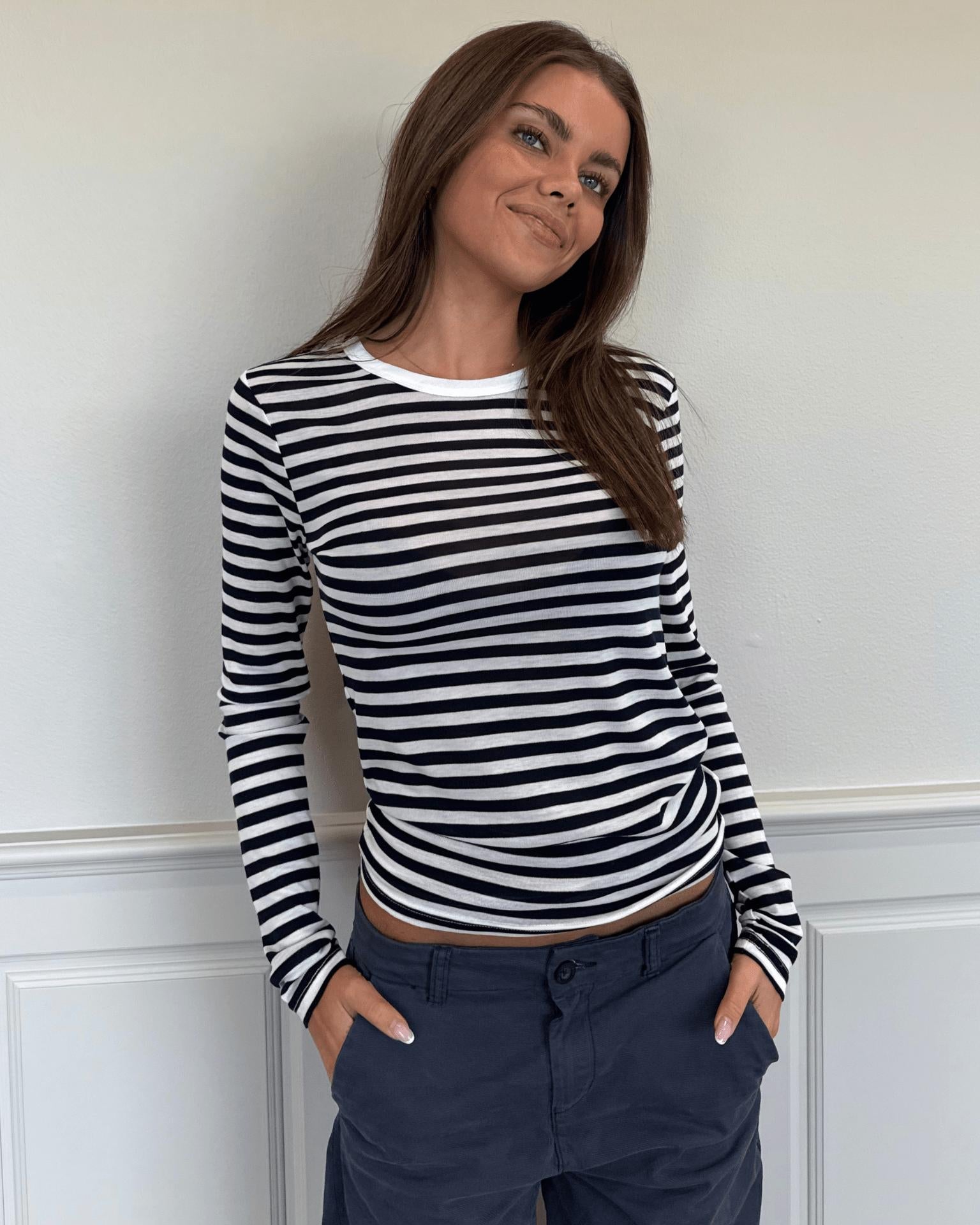 SIDSE LANGÆRMET T-SHIRT - WHITE/NAVY STRIPE