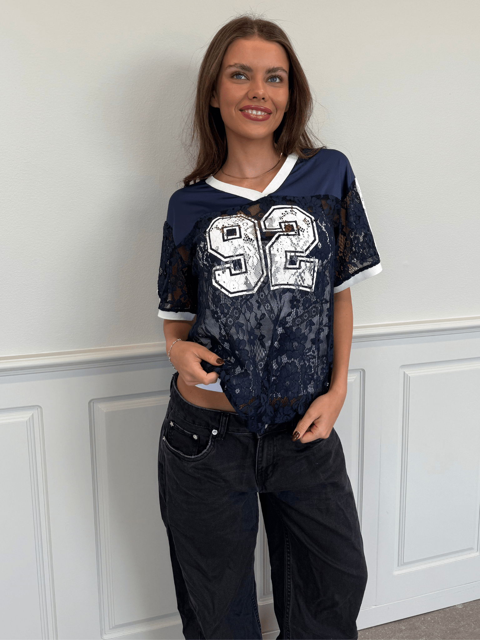 LACEY FOOTBALL TEE - NAVY