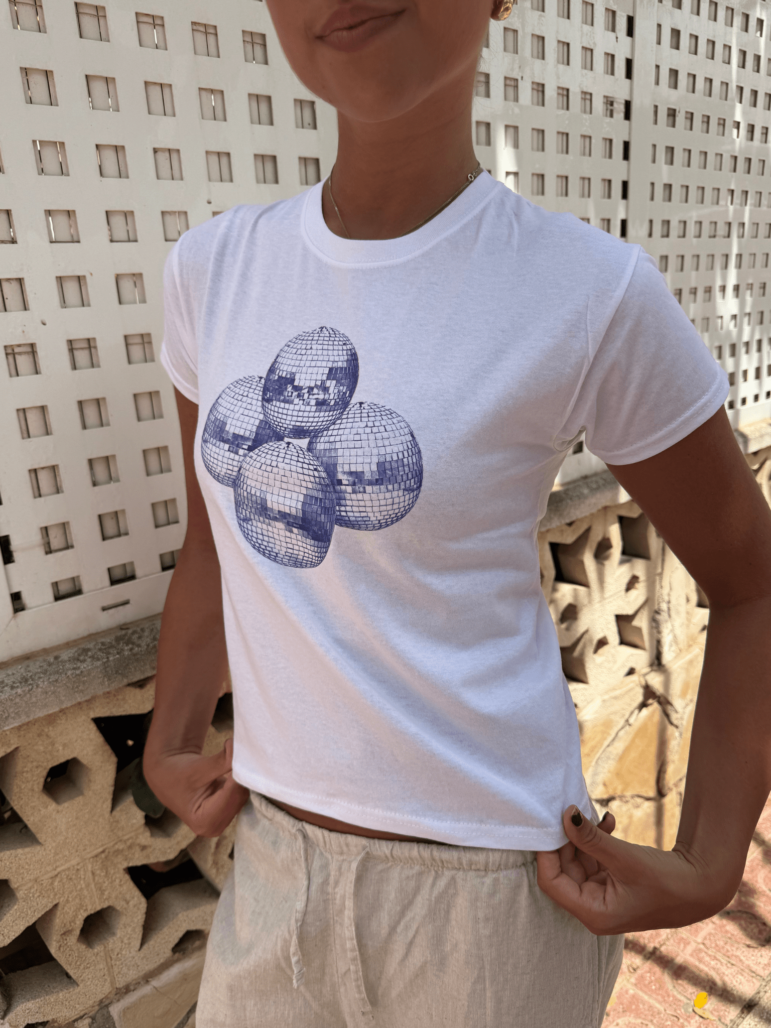 DISCO BALL (violet), BABY TEE - WHITE 