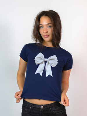 SATIN BOW (WHITE), BABY TEE - NAVY