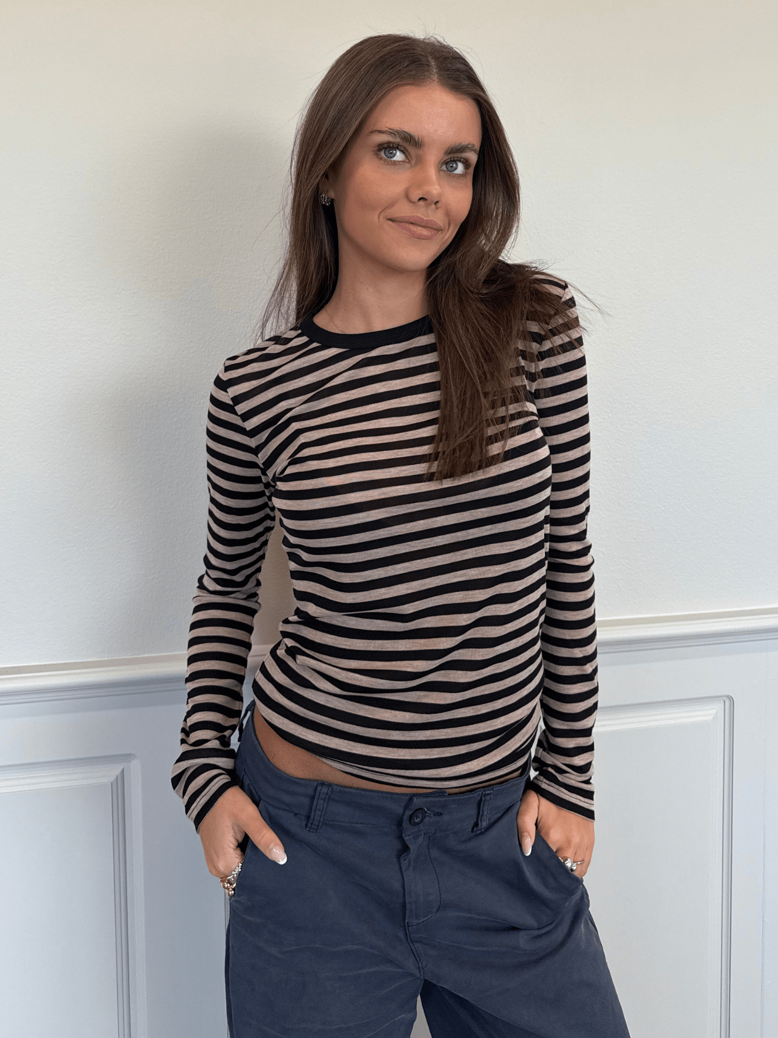 SIDSE T-SHIRT - BLACK/BROWN STRIPE