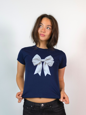 SATIN BOW (WHITE), BABY TEE - NAVY