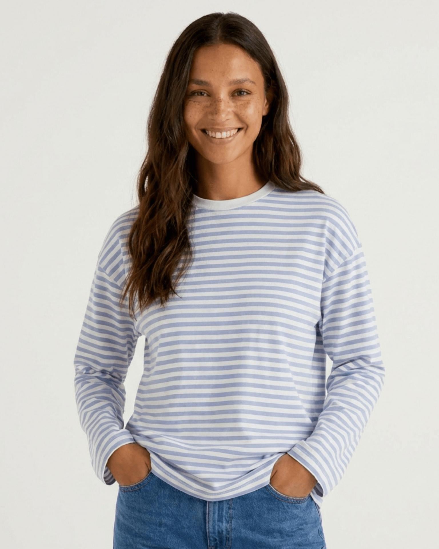 SADIE STRIPE TEE LS - CLOUD DANCER / CASHMERE BLUE