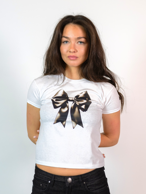 SATIN BOW (black), BABY TEE - WHITE