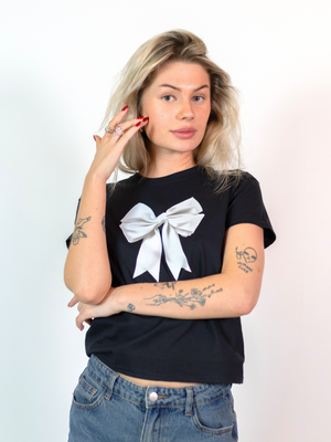 SATIN BOW (WHITE), BABY TEE - BLACK