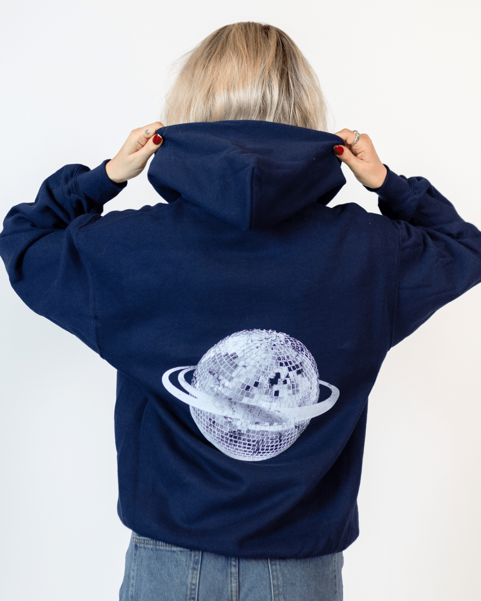 PLANET DISCO (white) HOODIE (back print) - NAVY
