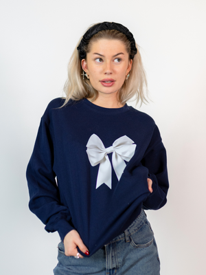 SATIN BOW (white) SWEATSHIRT - NAVY