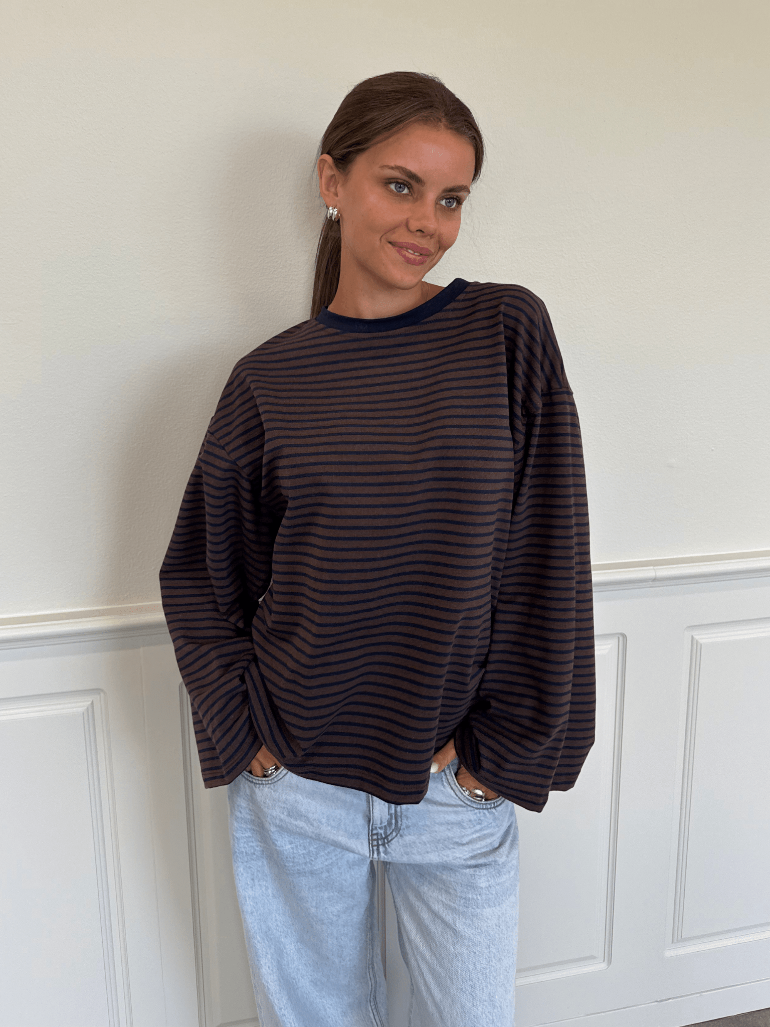 STRIPE TEE, LONG SLEEVE - BROWN / NAVY