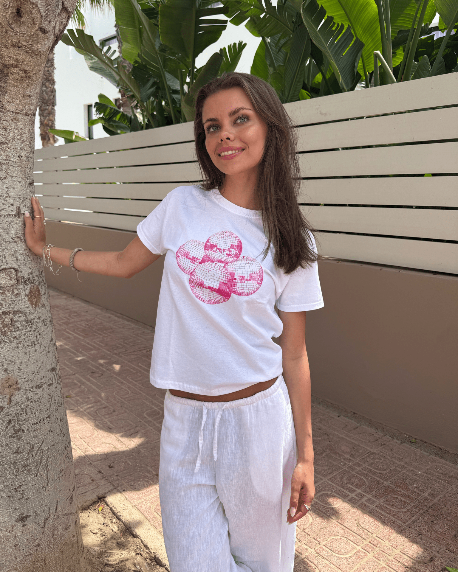 DISCO BALL (pink), BABY TEE - WHITE