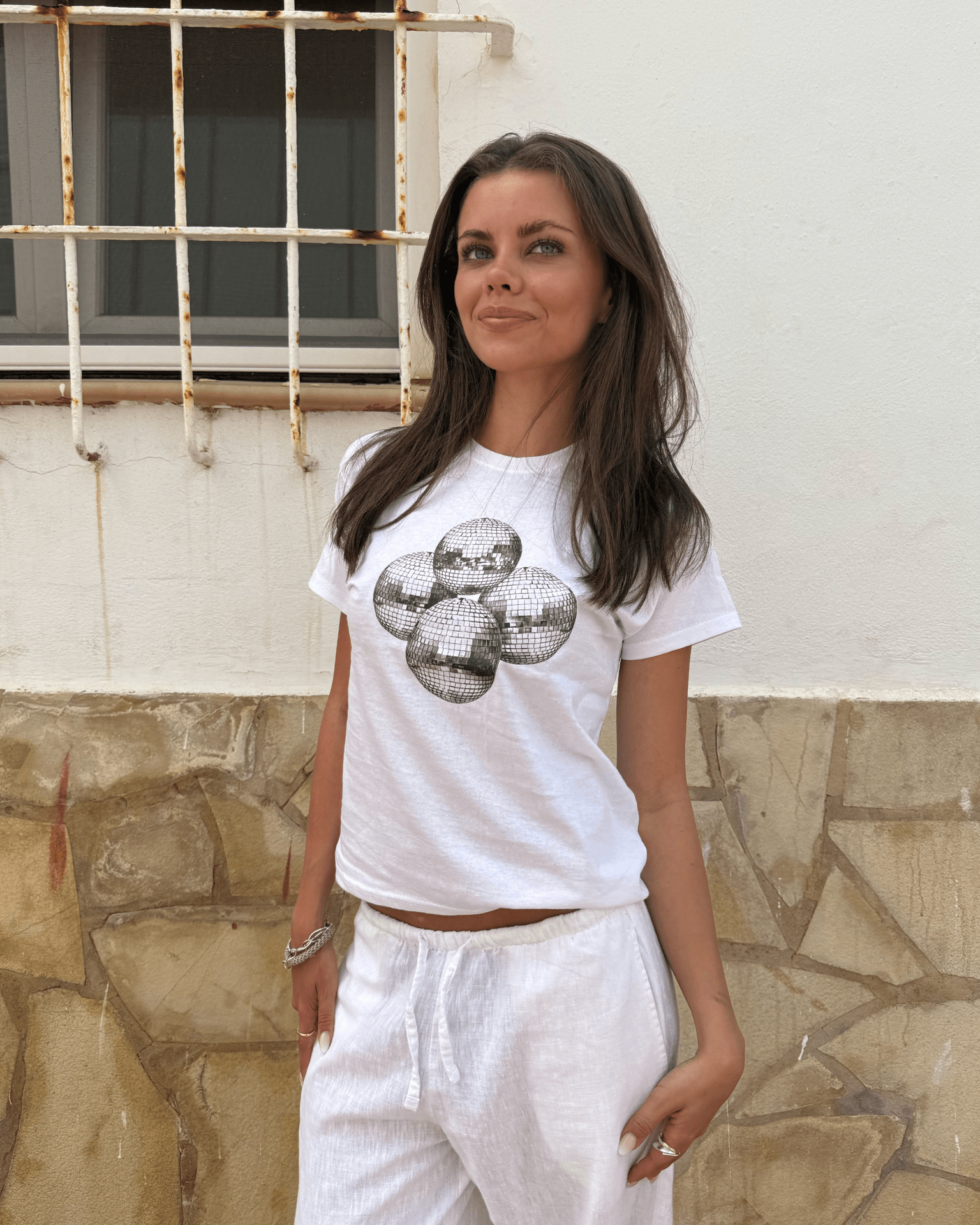 DISCO BALL (black), BABY TEE - WHITE