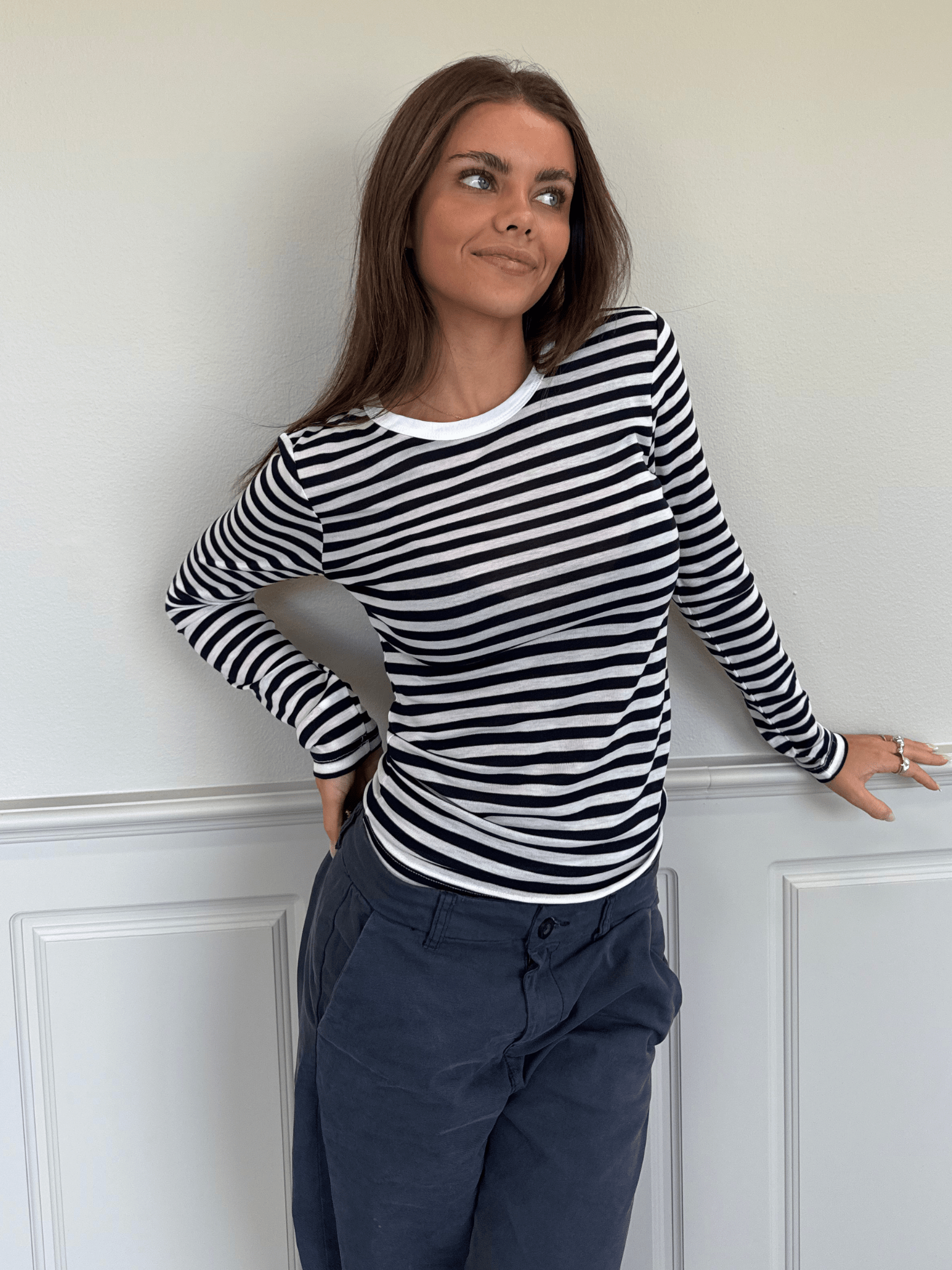 SIDSE T-SHIRT - WHITE/NAVY STRIPE