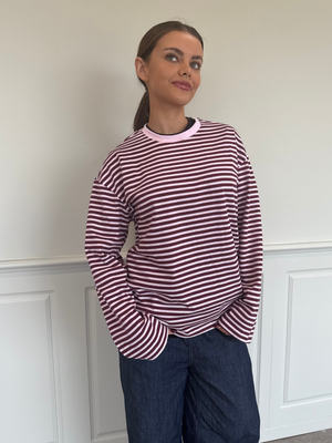 SADIE STRIPE TEE LS - TAWNY PORT ROSEATE SPOONBILL