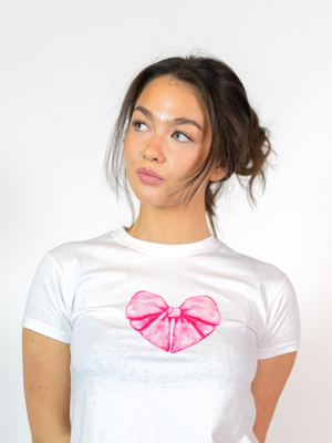 BOW HEART, BABY TEE - WHITE