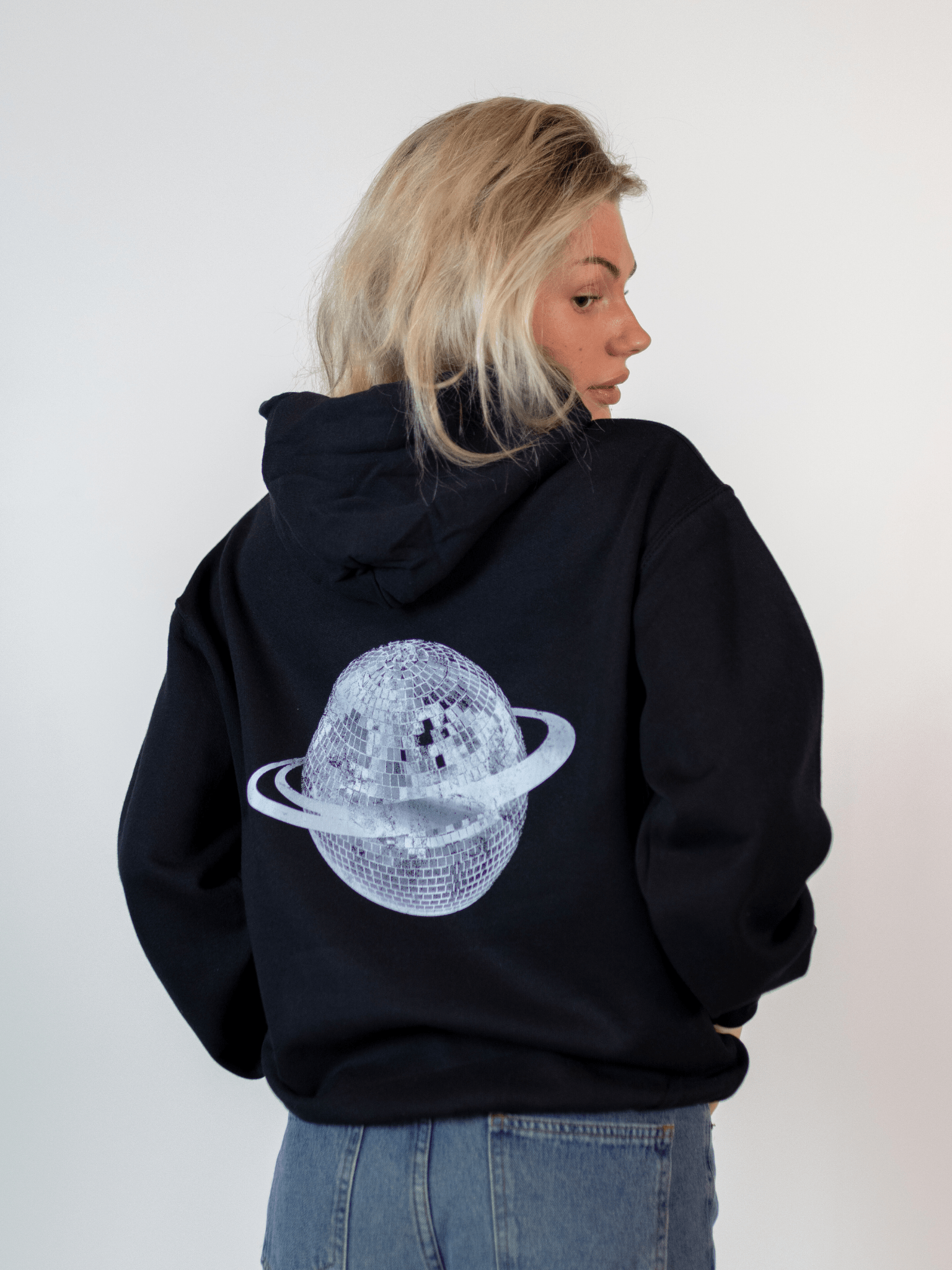 PLANET DISCO (white) HOODIE (back print) - BLACK