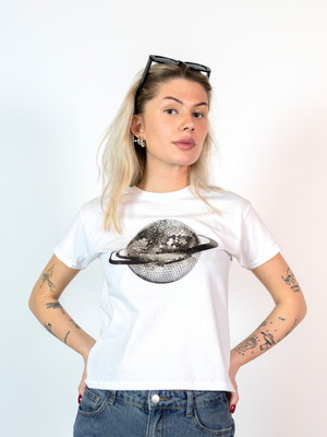 PLANET DISCO (black), BABY TEE - WHITE