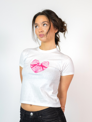 BOW HEART, BABY TEE - WHITE