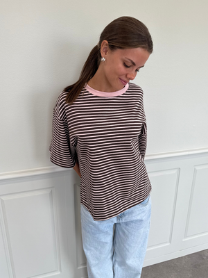 STRIPE TEE, SHORT SLEEVE - BROWN / LT PINK