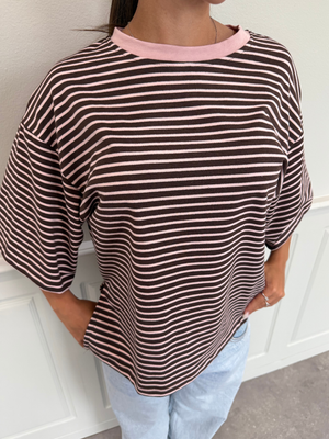 STRIPE TEE, SHORT SLEEVE - BROWN / LT PINK
