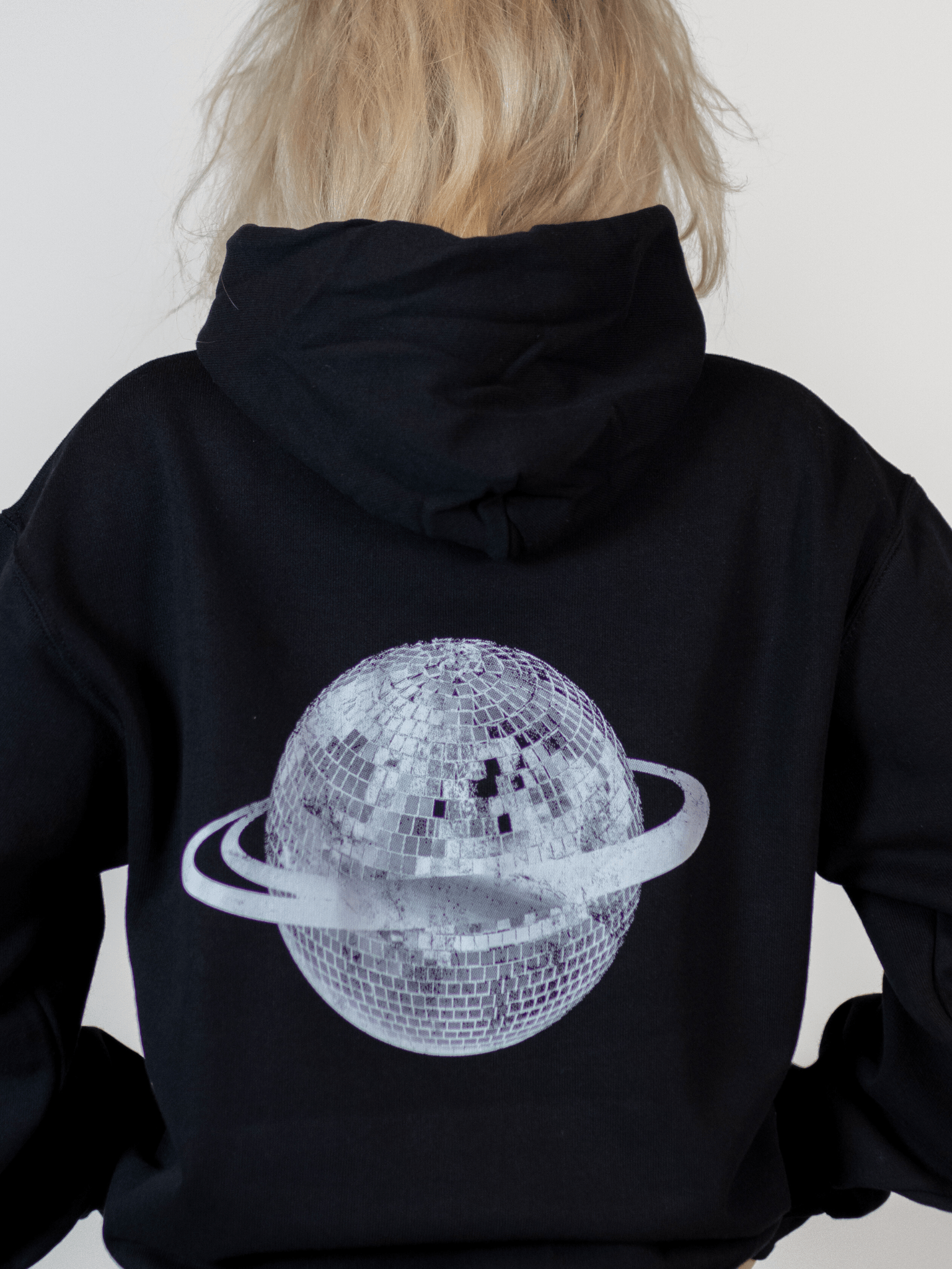 PLANET DISCO (white) HOODIE (back print) - BLACK